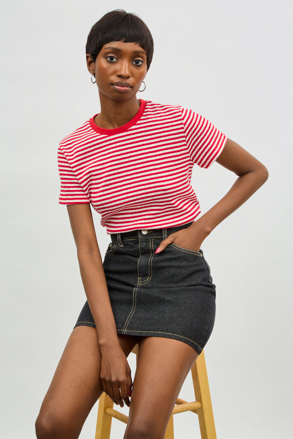 Black and white contrast stitch mini skirt_5