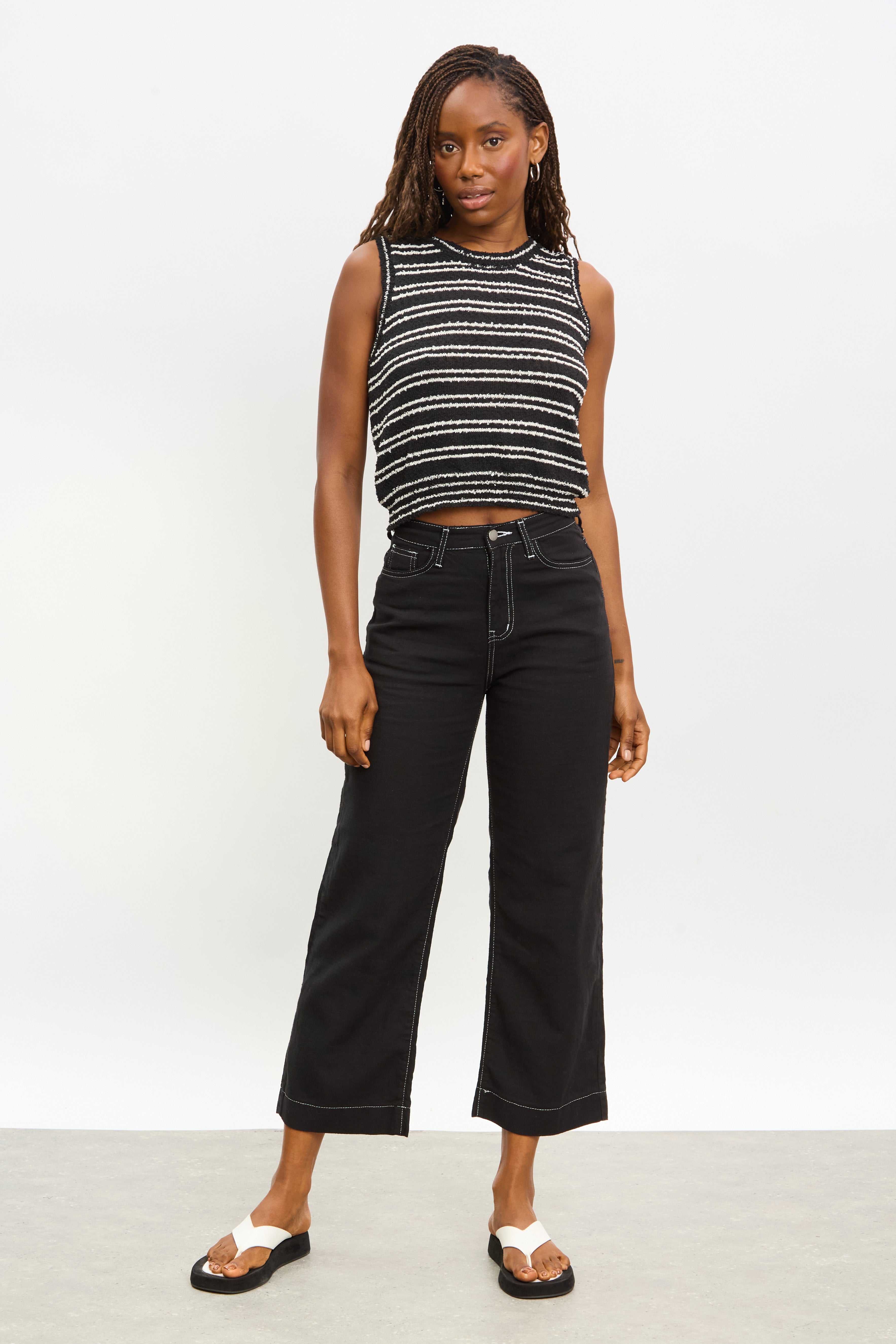 Black and white contrast stitch thin wide leg jeans_4