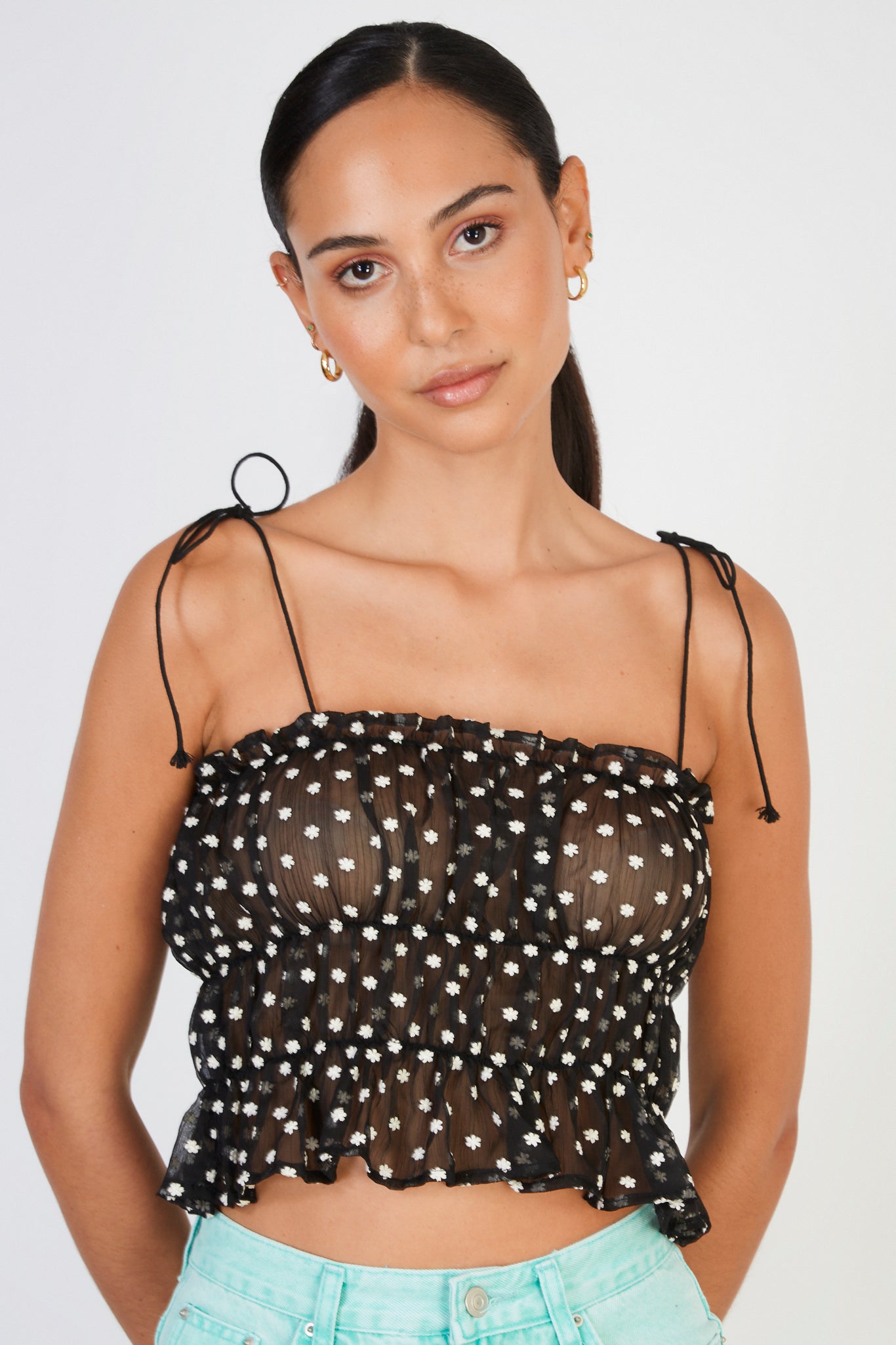 Black and white floral tie strap tank_1