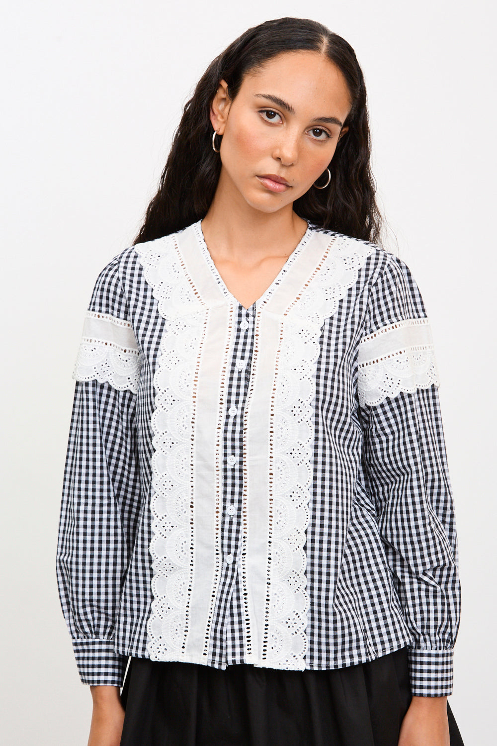 Black and white gingham eyelet blouse_1