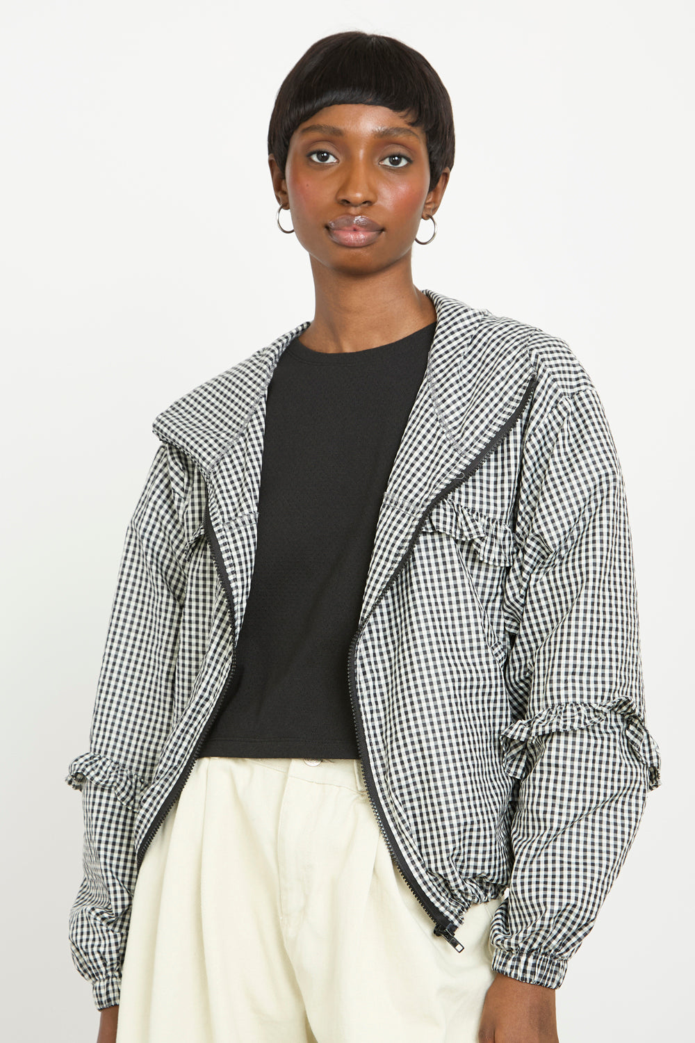 Black and white gingham frill hooded windbreaker_2