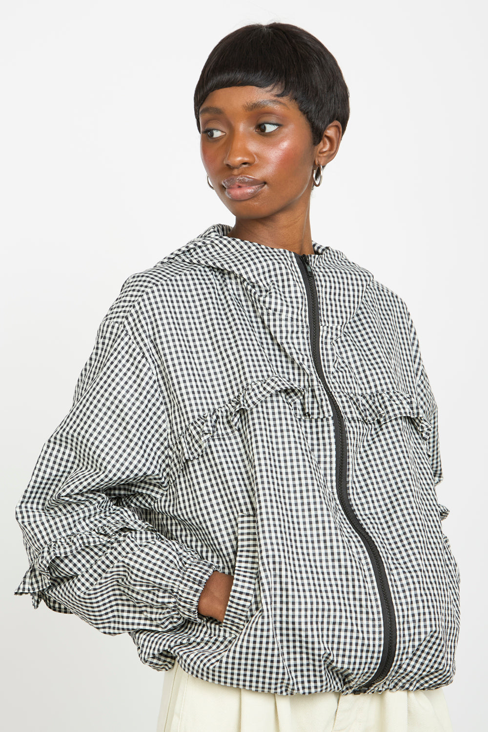 Black and white gingham frill hooded windbreaker_1