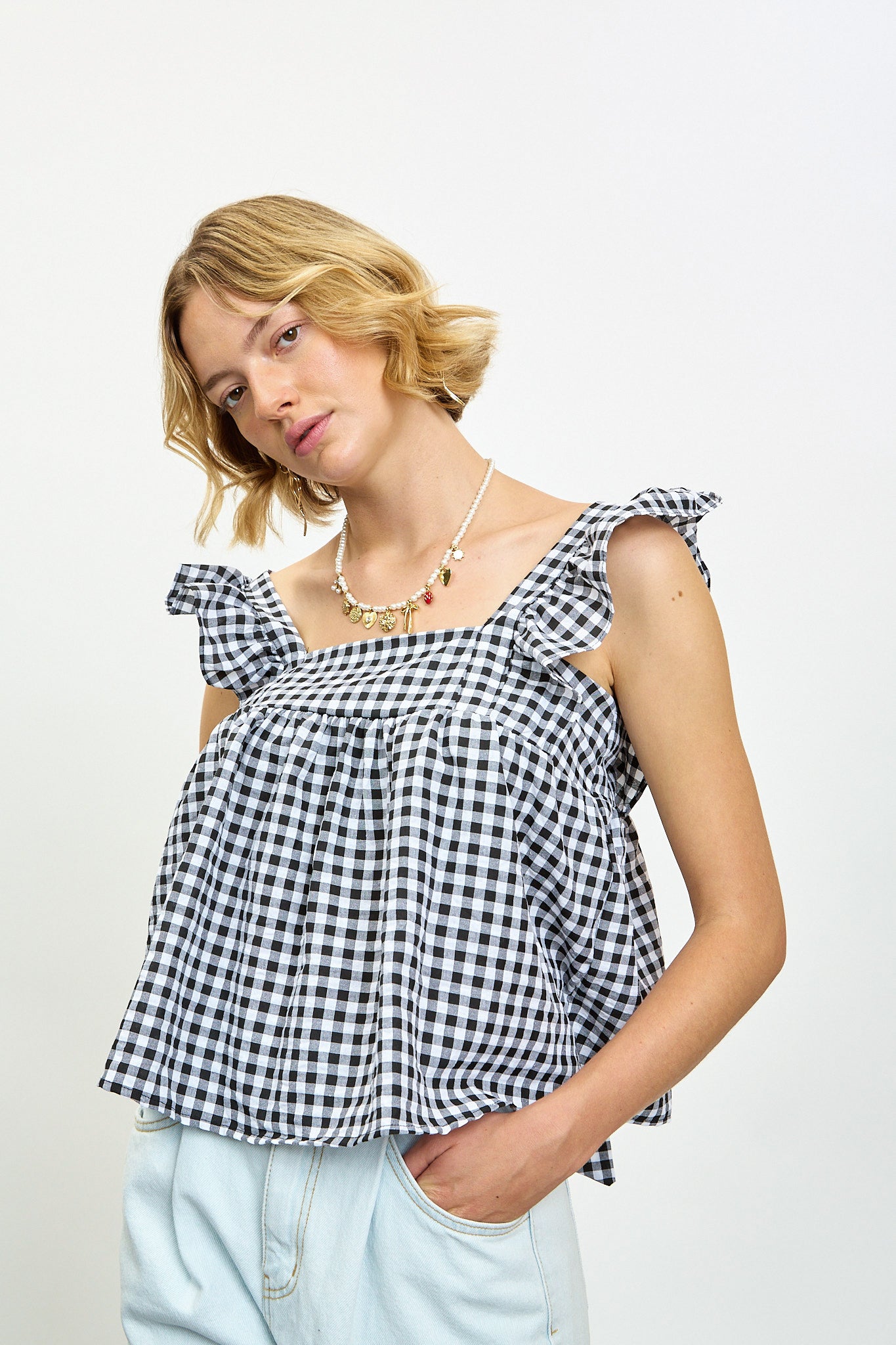 Black and white gingham ruffle trim tank_1