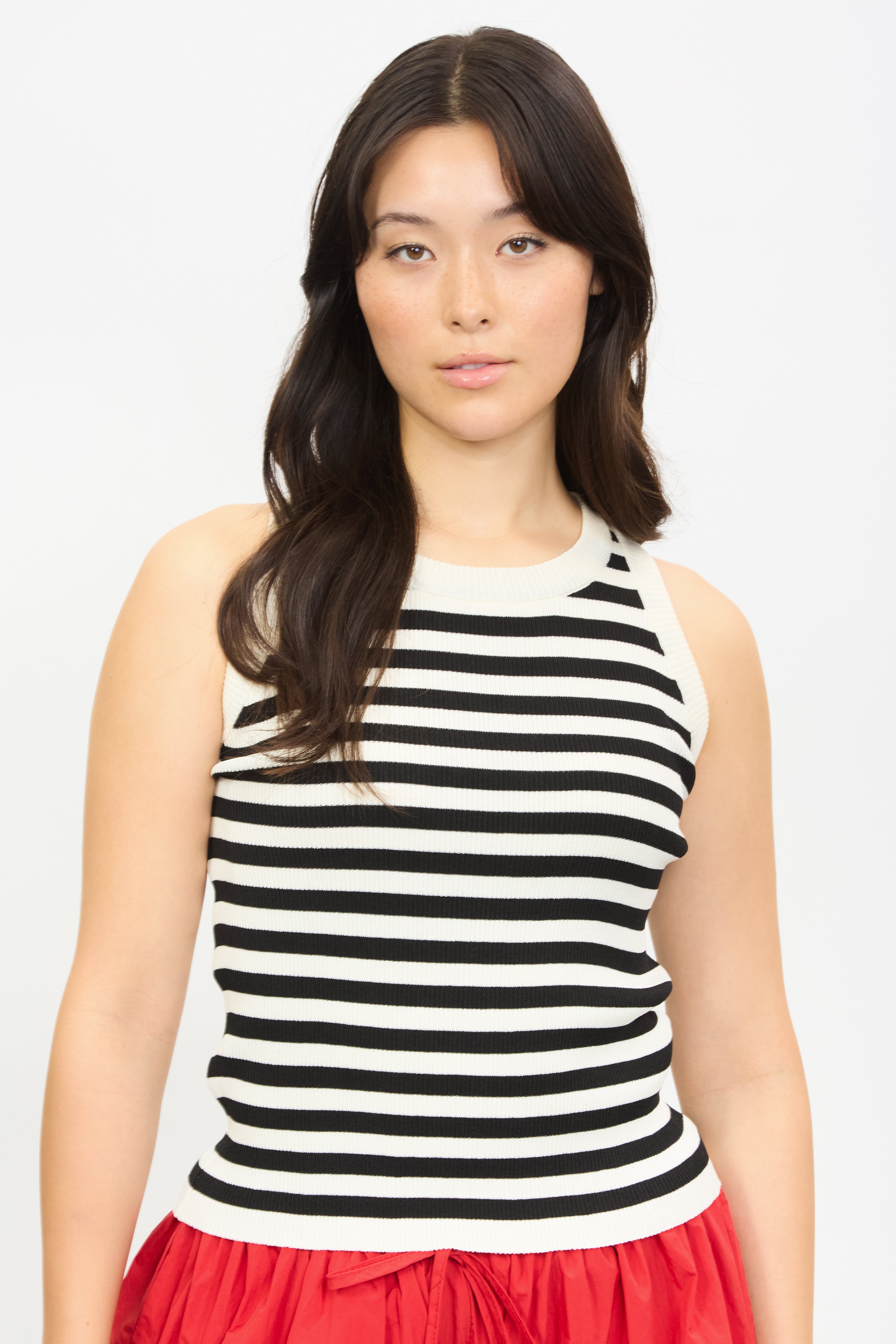 Black and white horizontal stripe long knit tank_1