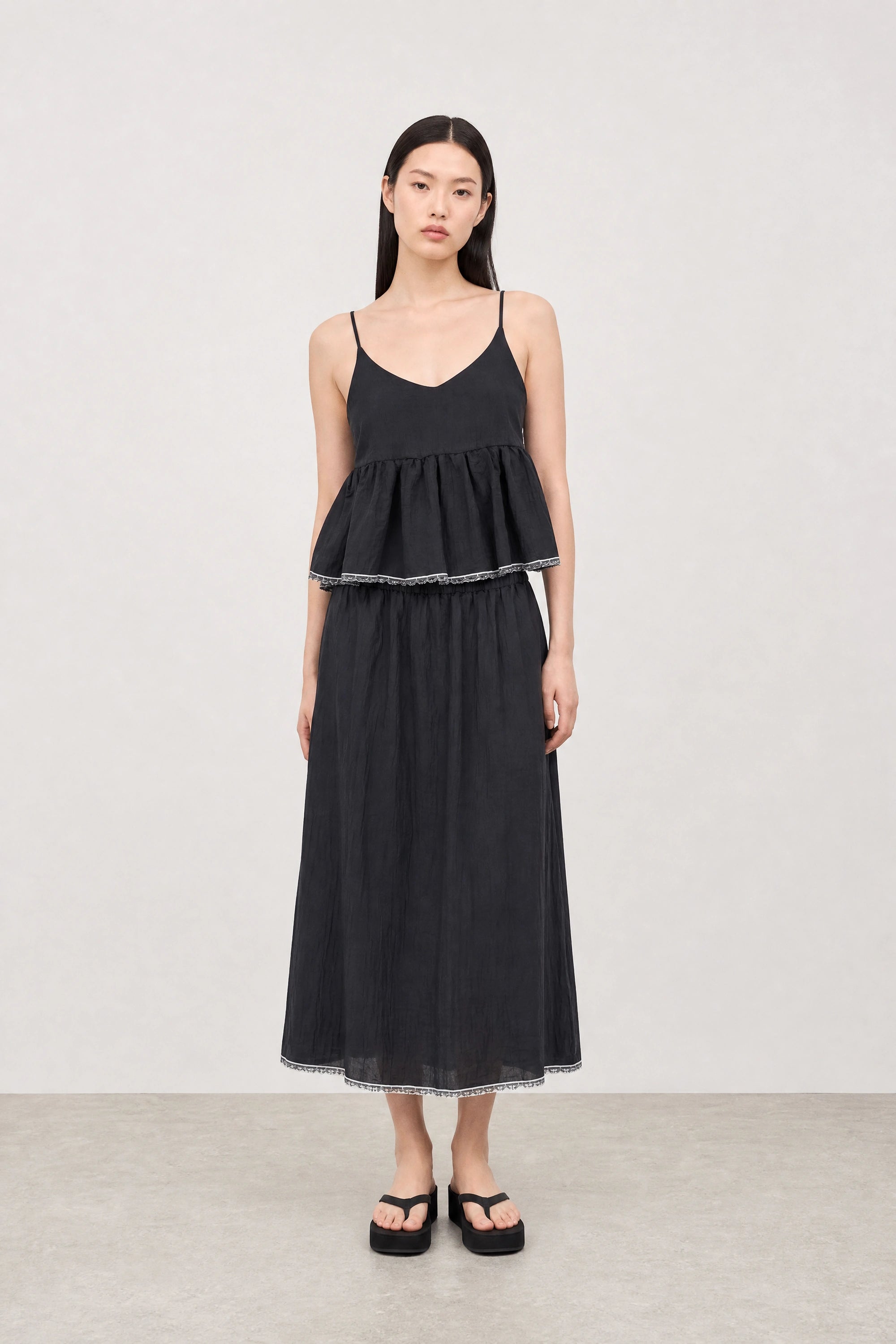 Black and white lace trimmed silky column skirt_4