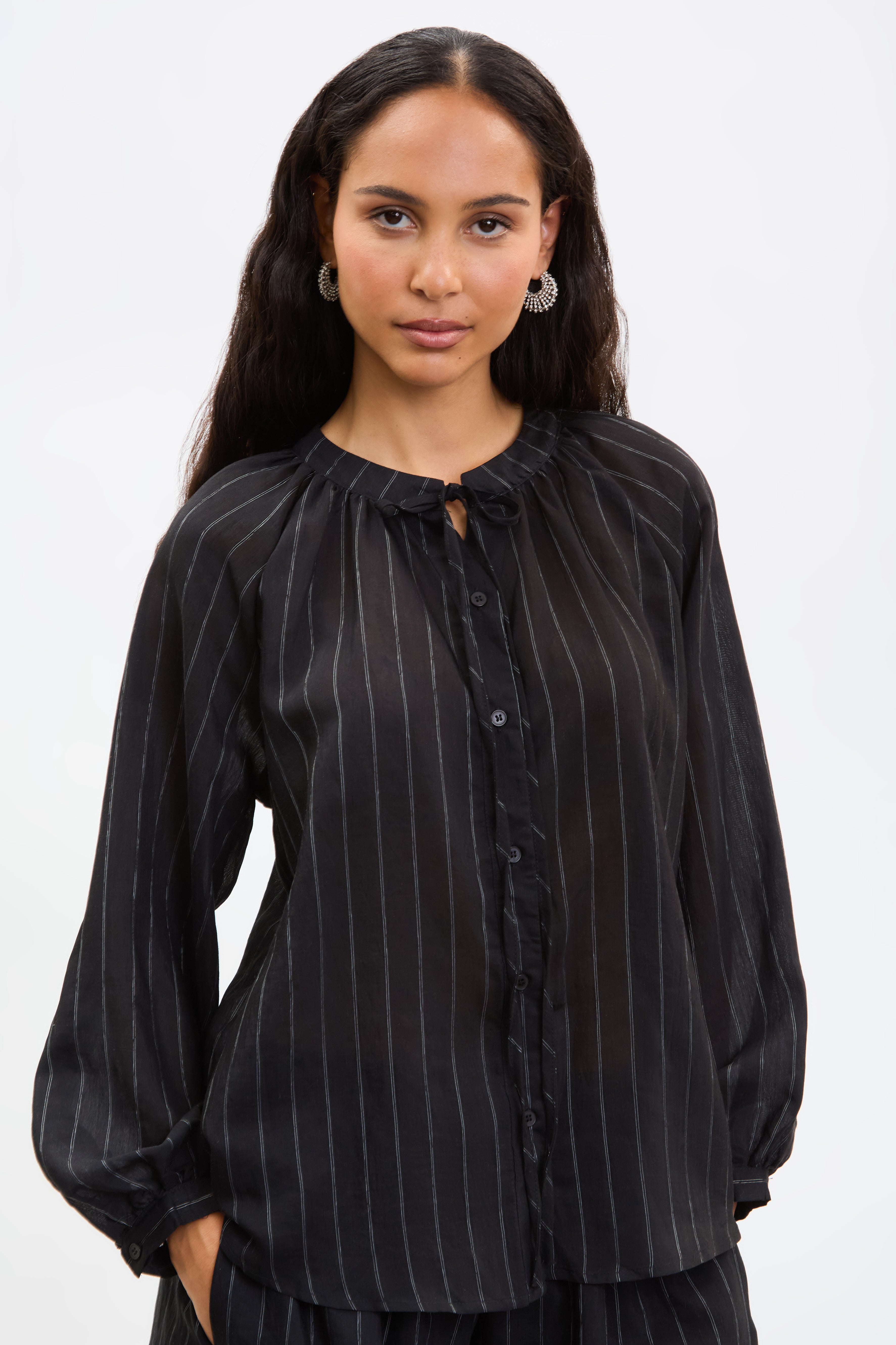 Black and white pinstripe tie neck blouse_1