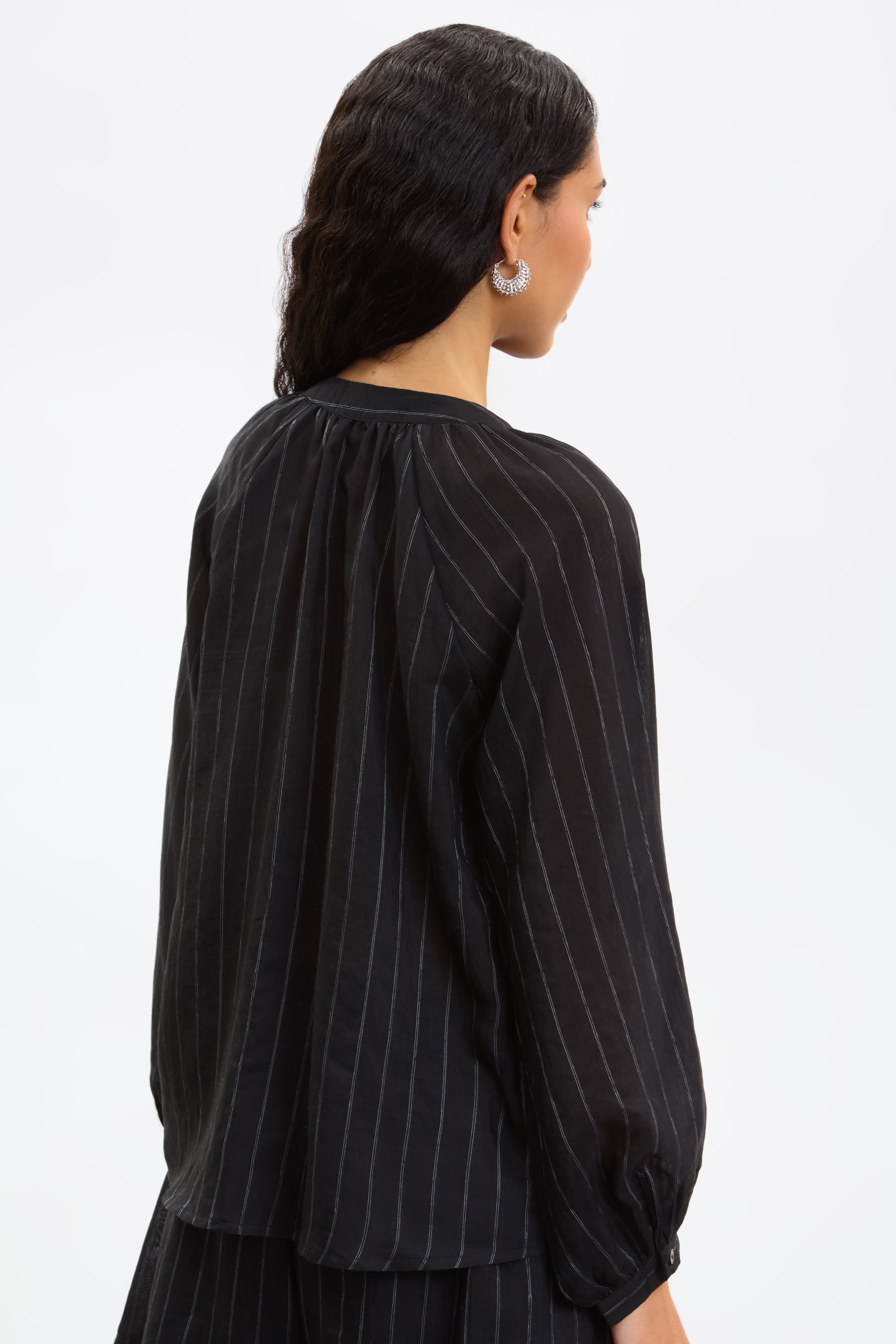 Black and white pinstripe tie neck blouse_2