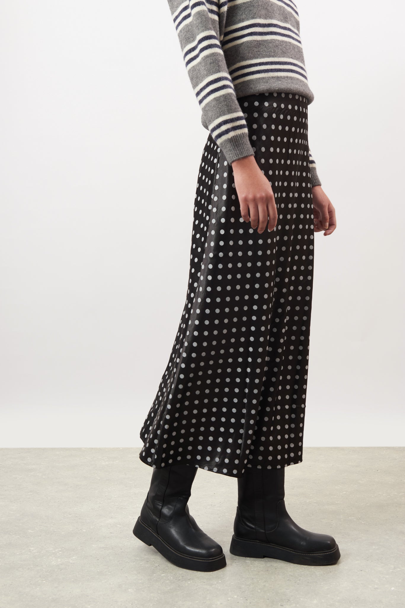 Black and white polka dot satin touch skirt_1