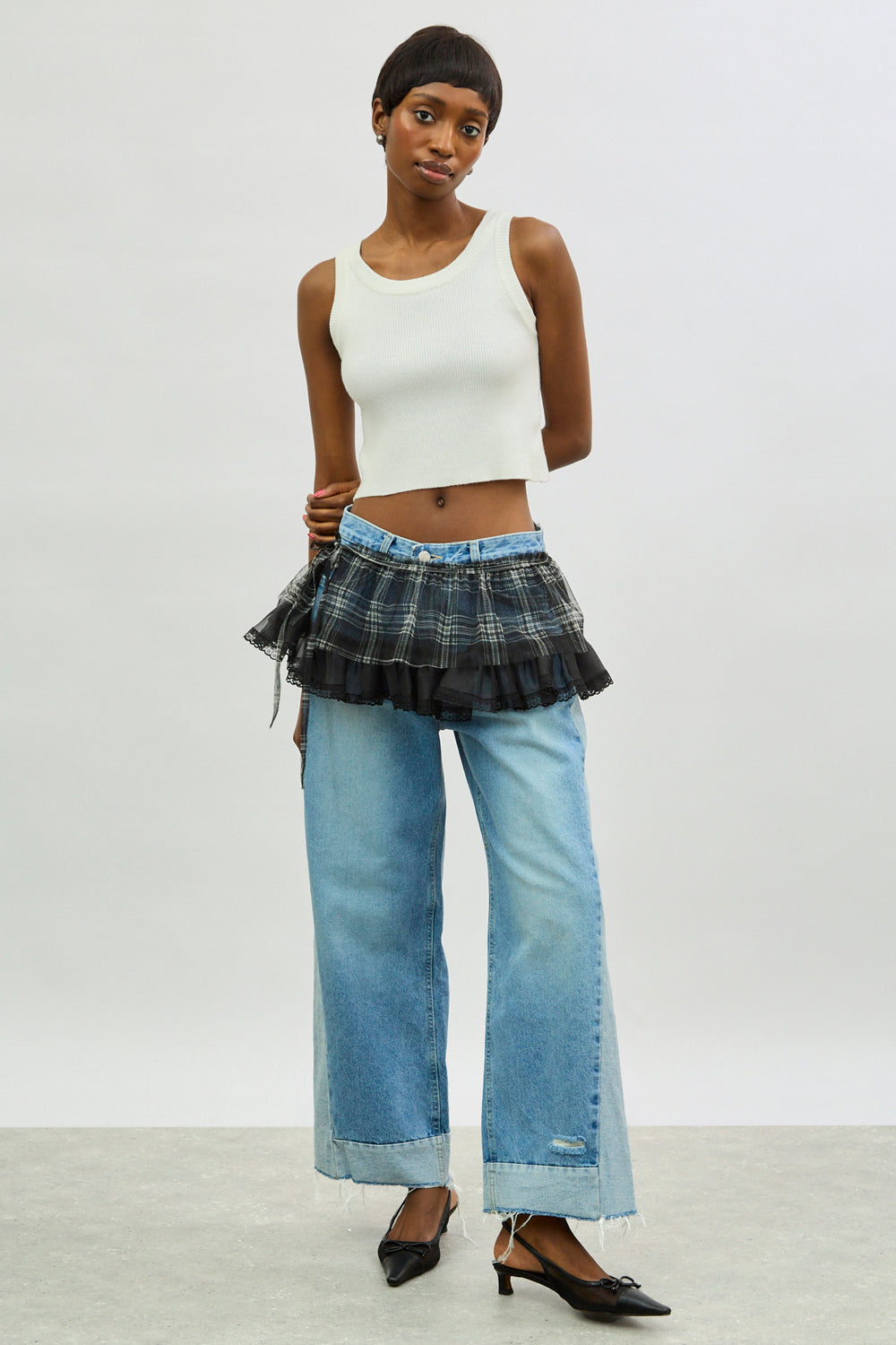 Black and white sheer plaid mini wrap skirt_4