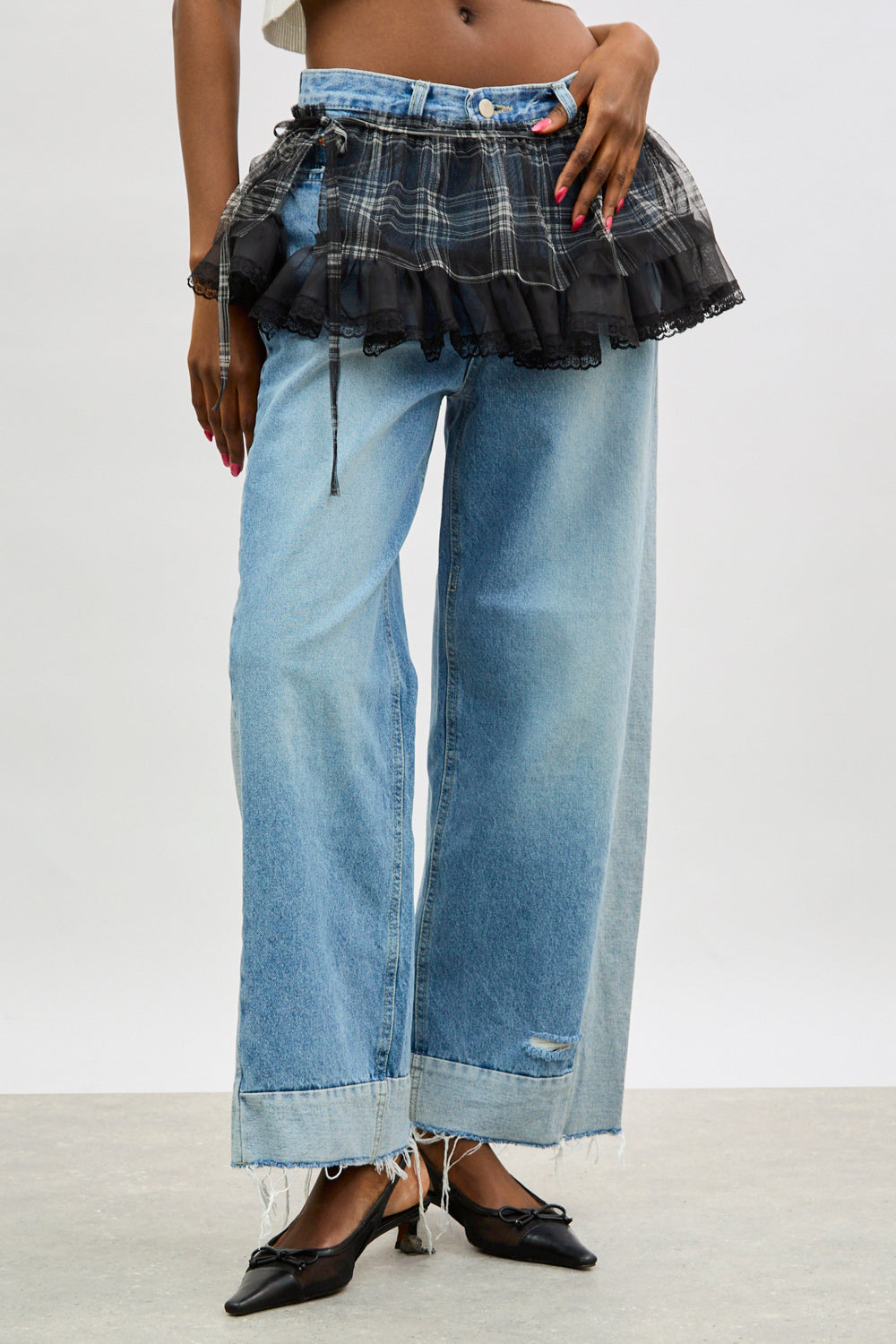 Black and white sheer plaid mini wrap skirt_1