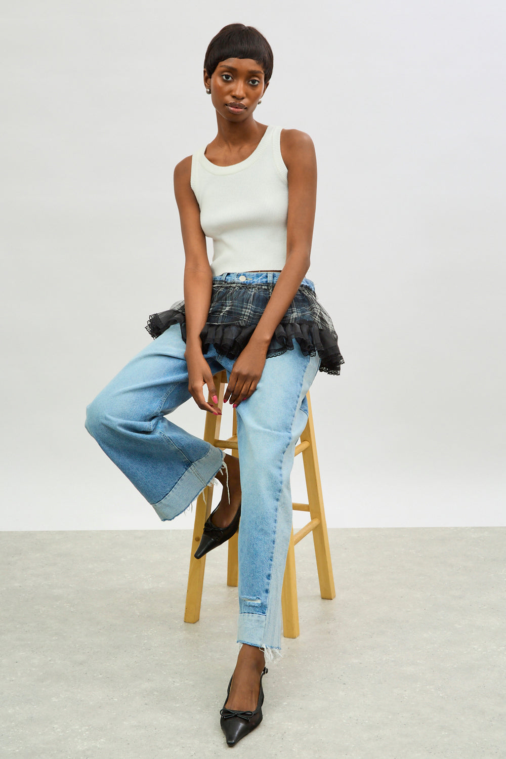 Black and white sheer plaid mini wrap skirt_5