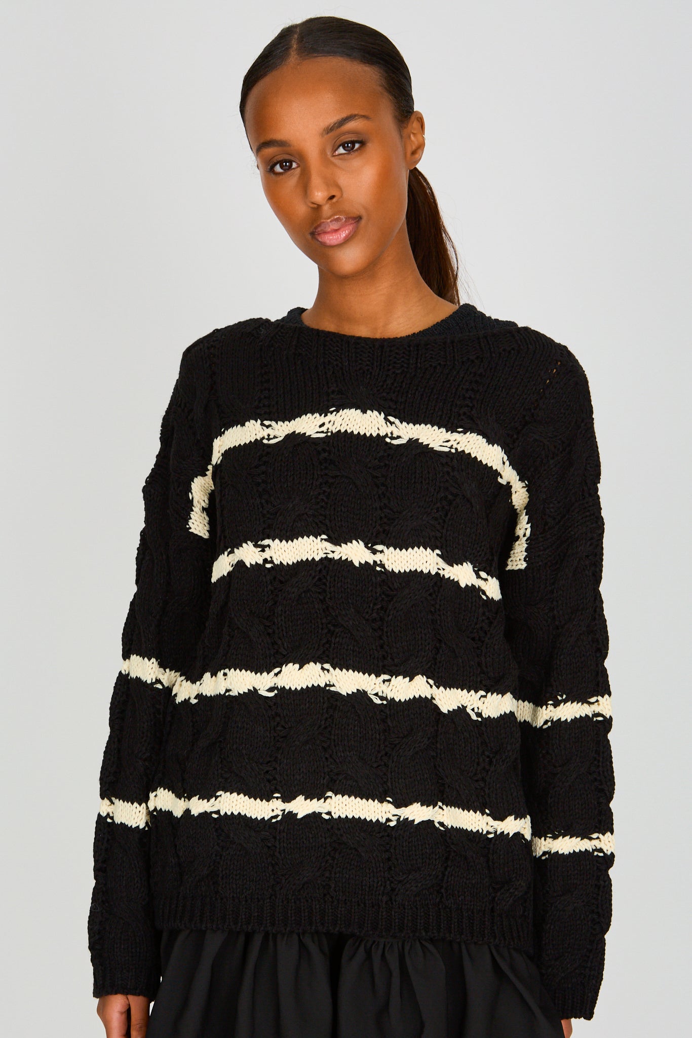 Black and white striped cable knit jumper_1
