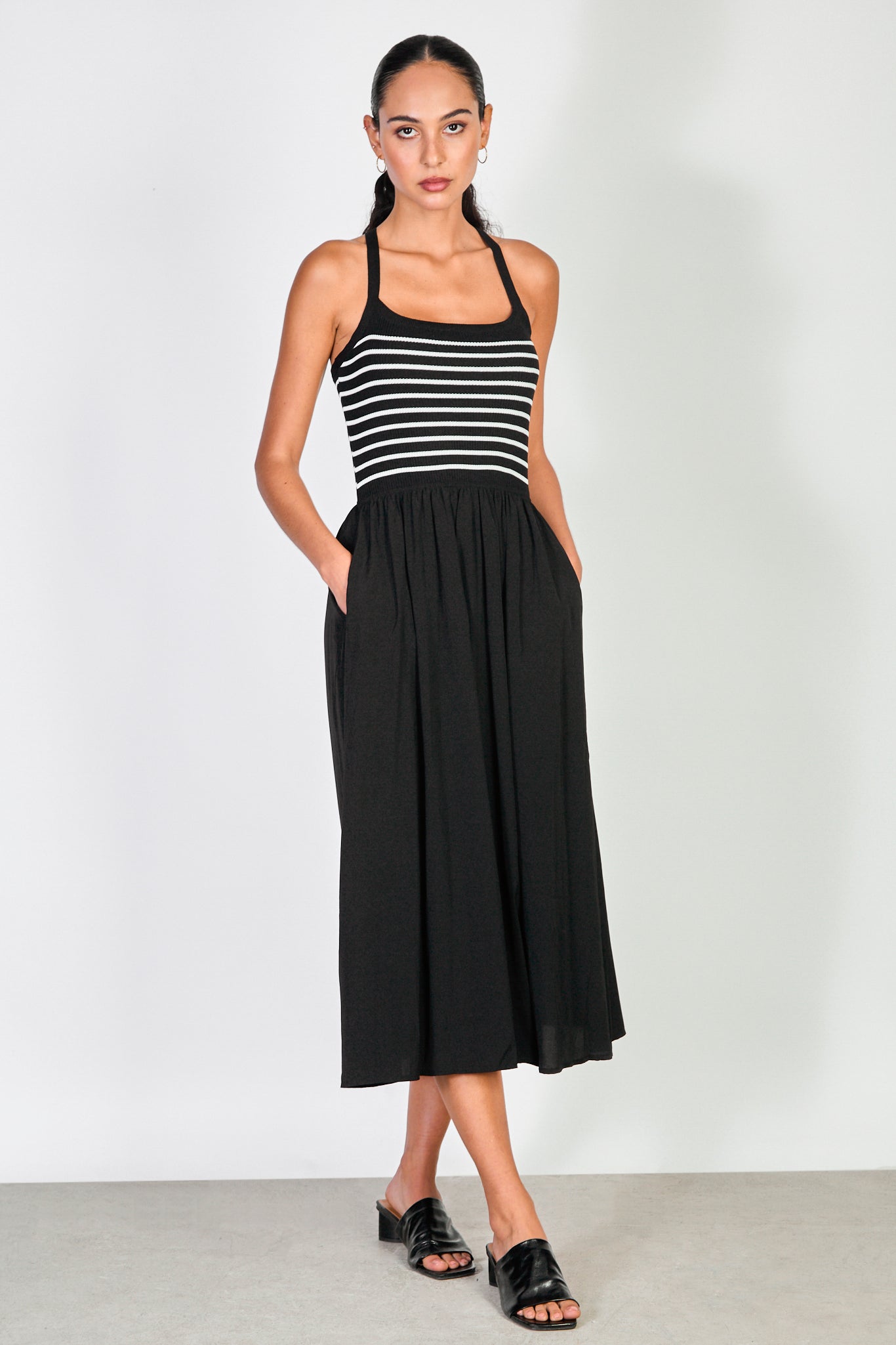 Black and white striped knit bodice dress_1