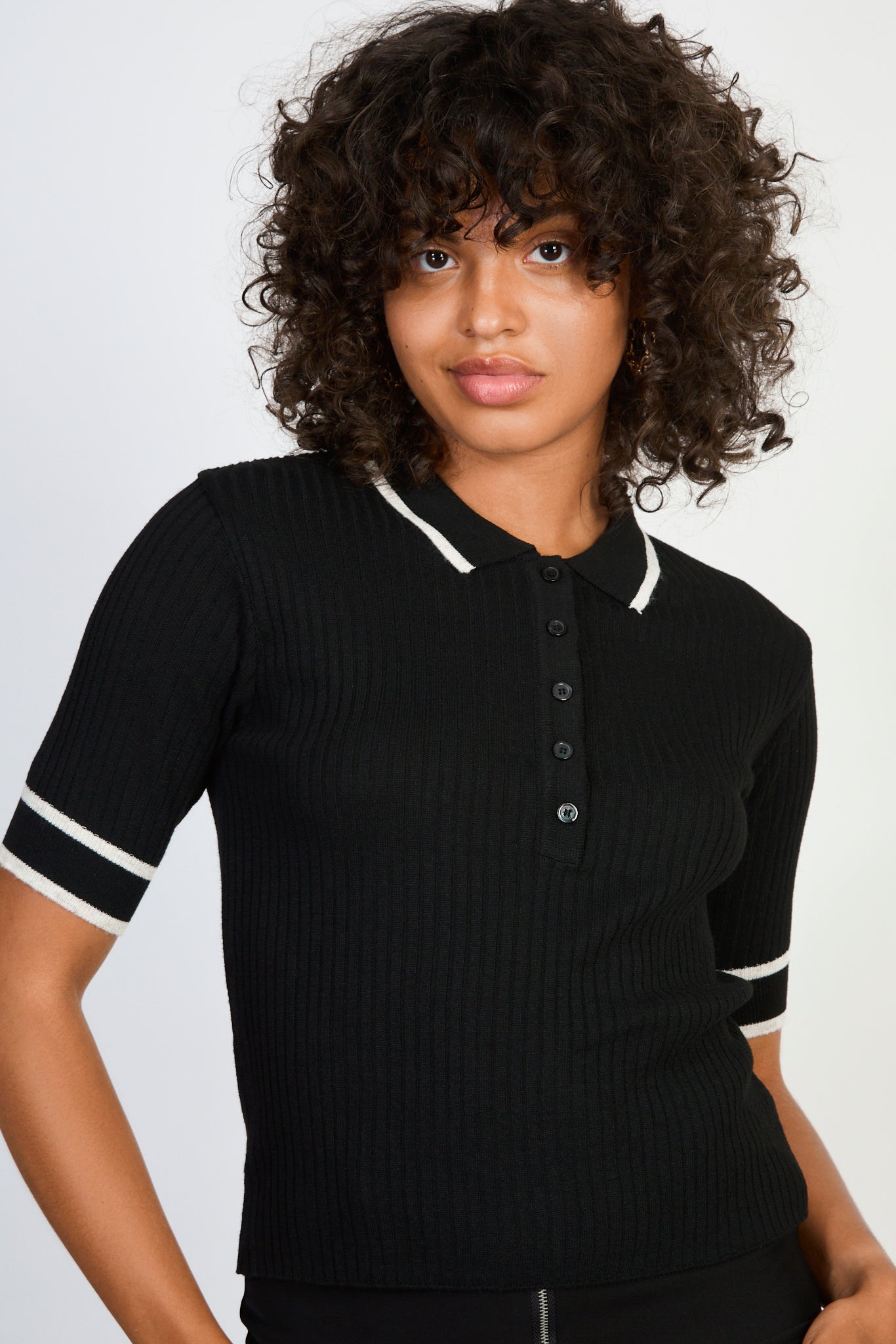 Black and white trim bamboo blend polo knit tee_1