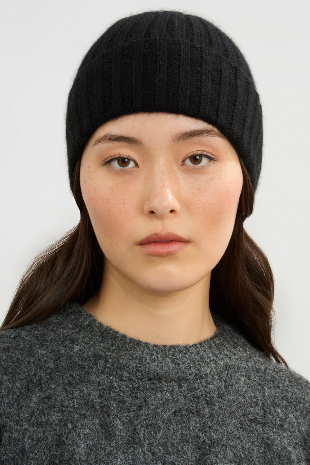 Black angora wool blend large ribbed beanie hat_3