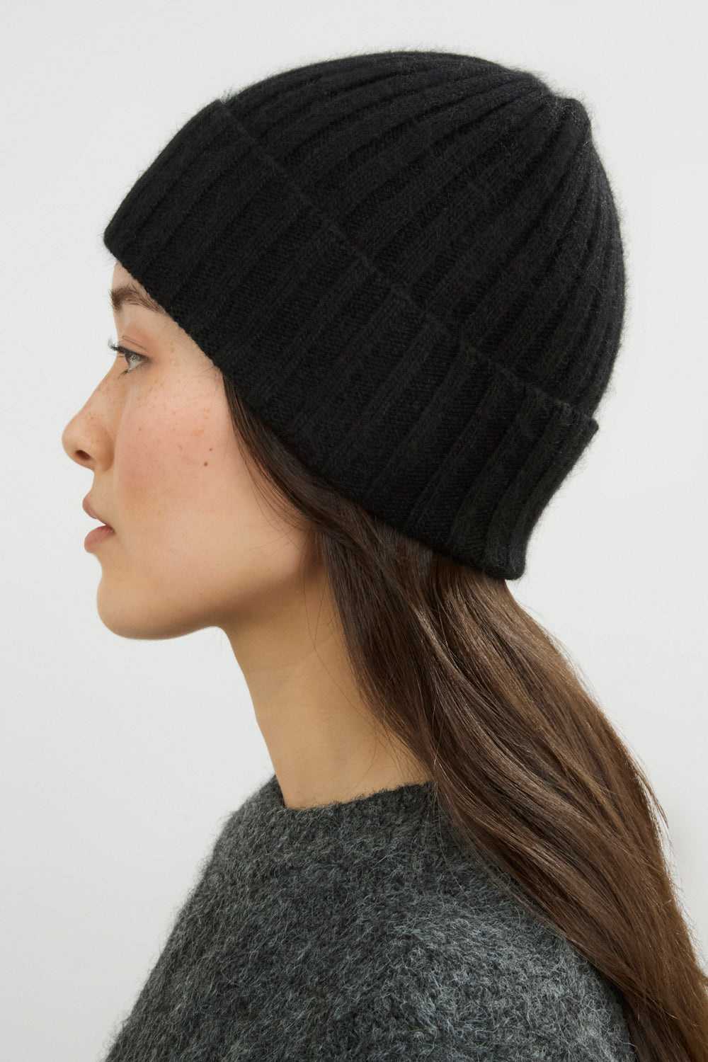 Black angora wool blend large ribbed beanie hat_4