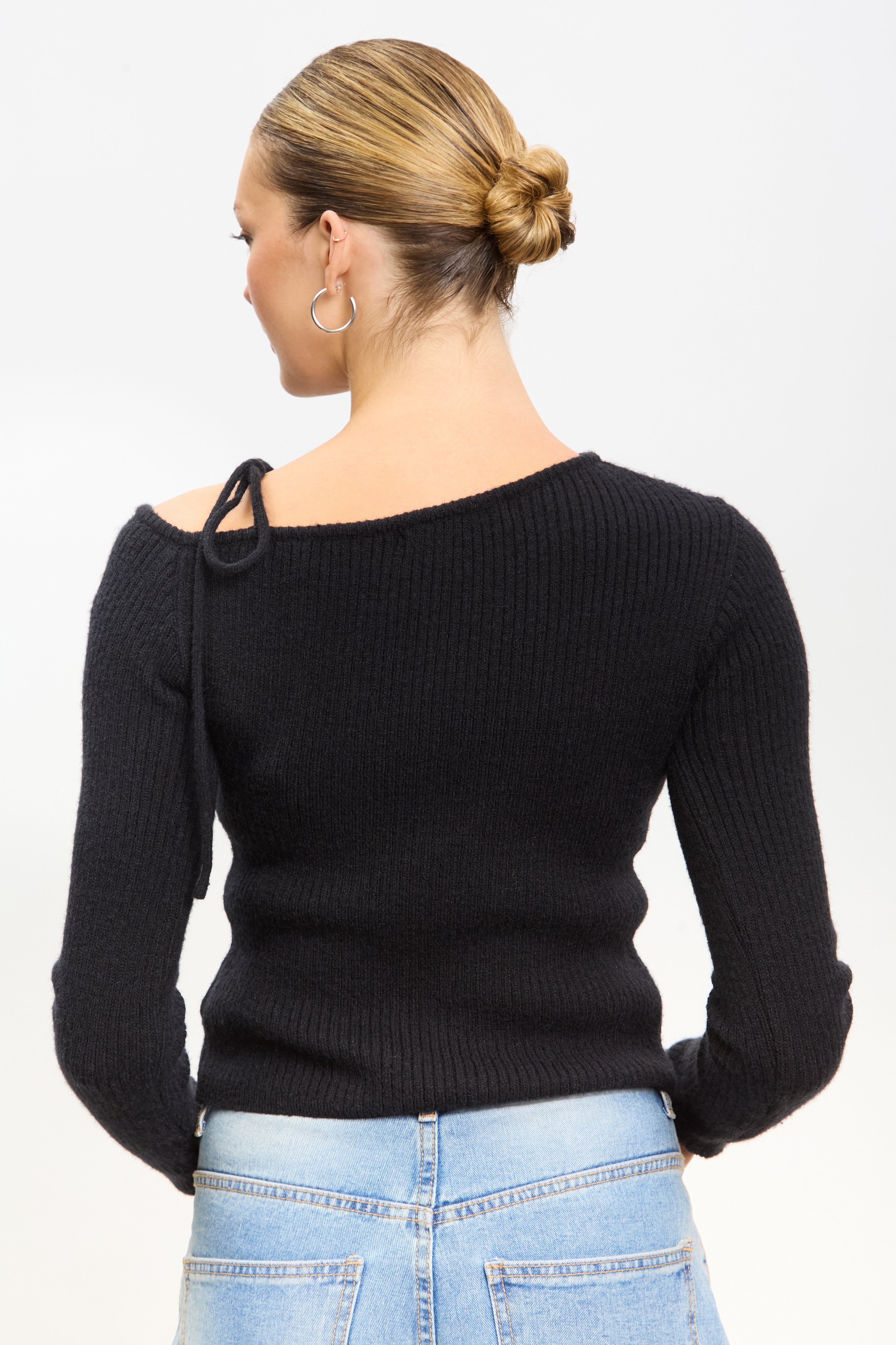 Black one shoulder tie knit top_2