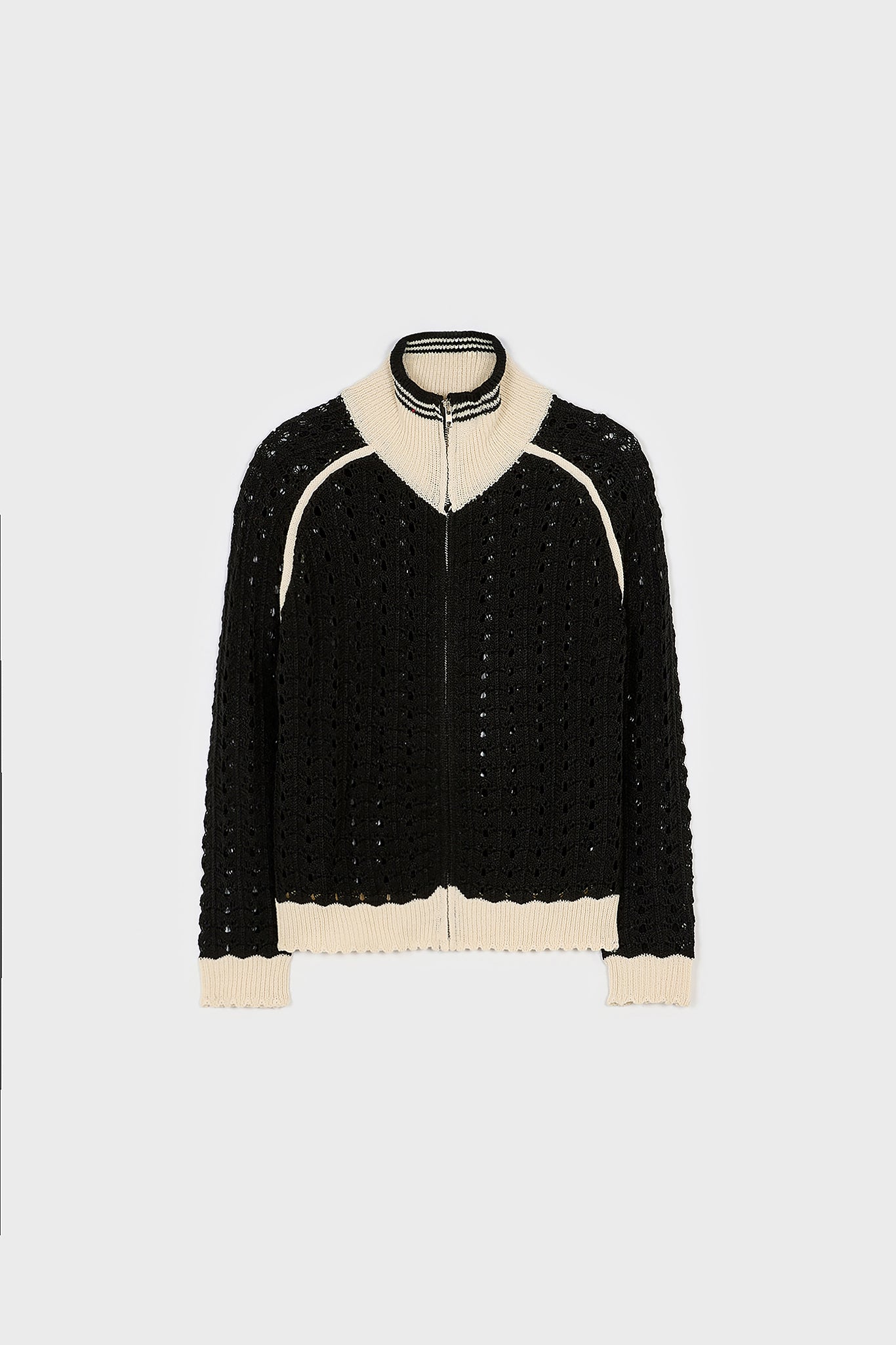 Black crochet knit contrast varsity trim zip cardigan_1
