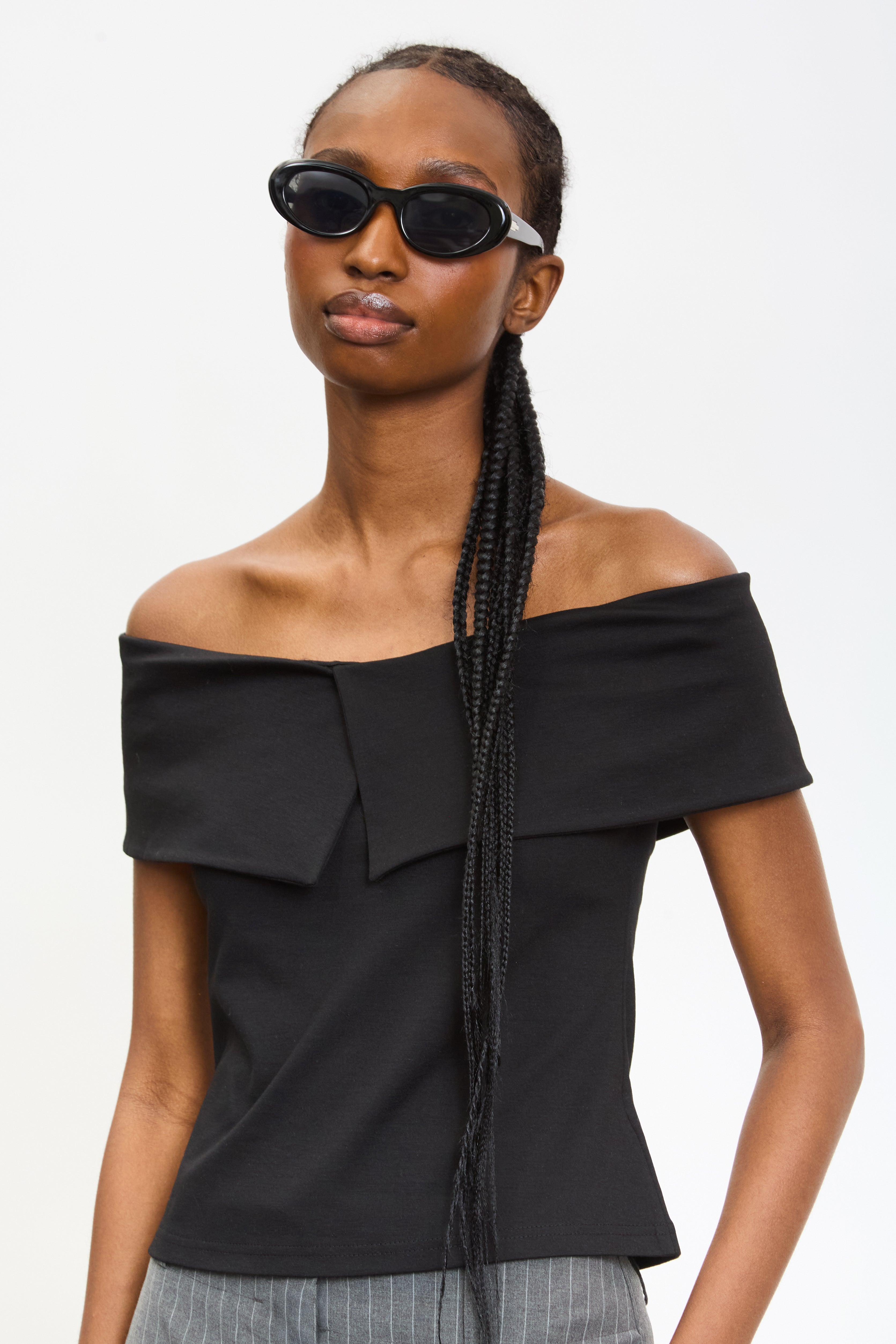 Black cross panel off shoulder jersey top_1