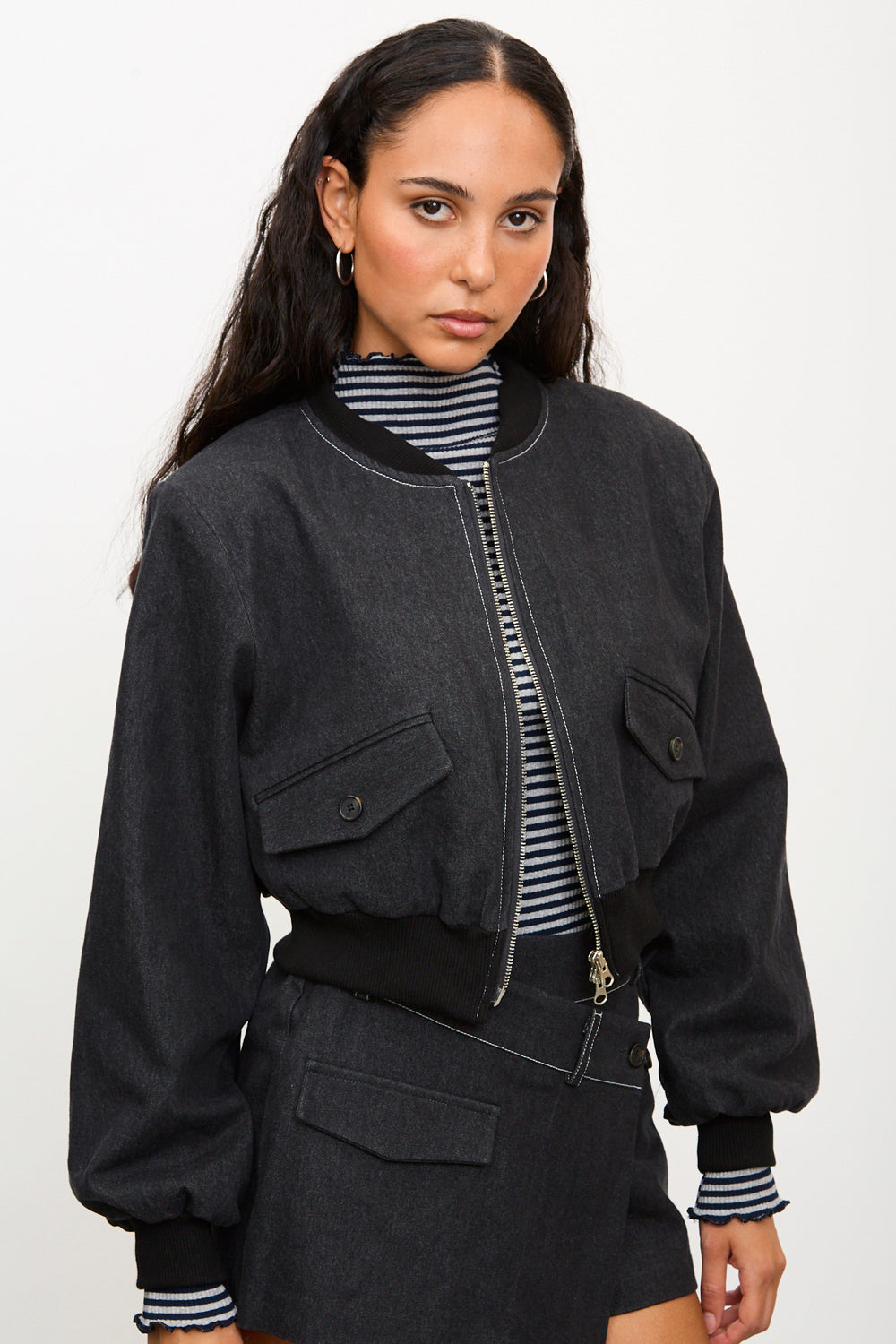 Black denim contrast stitch bomber_3