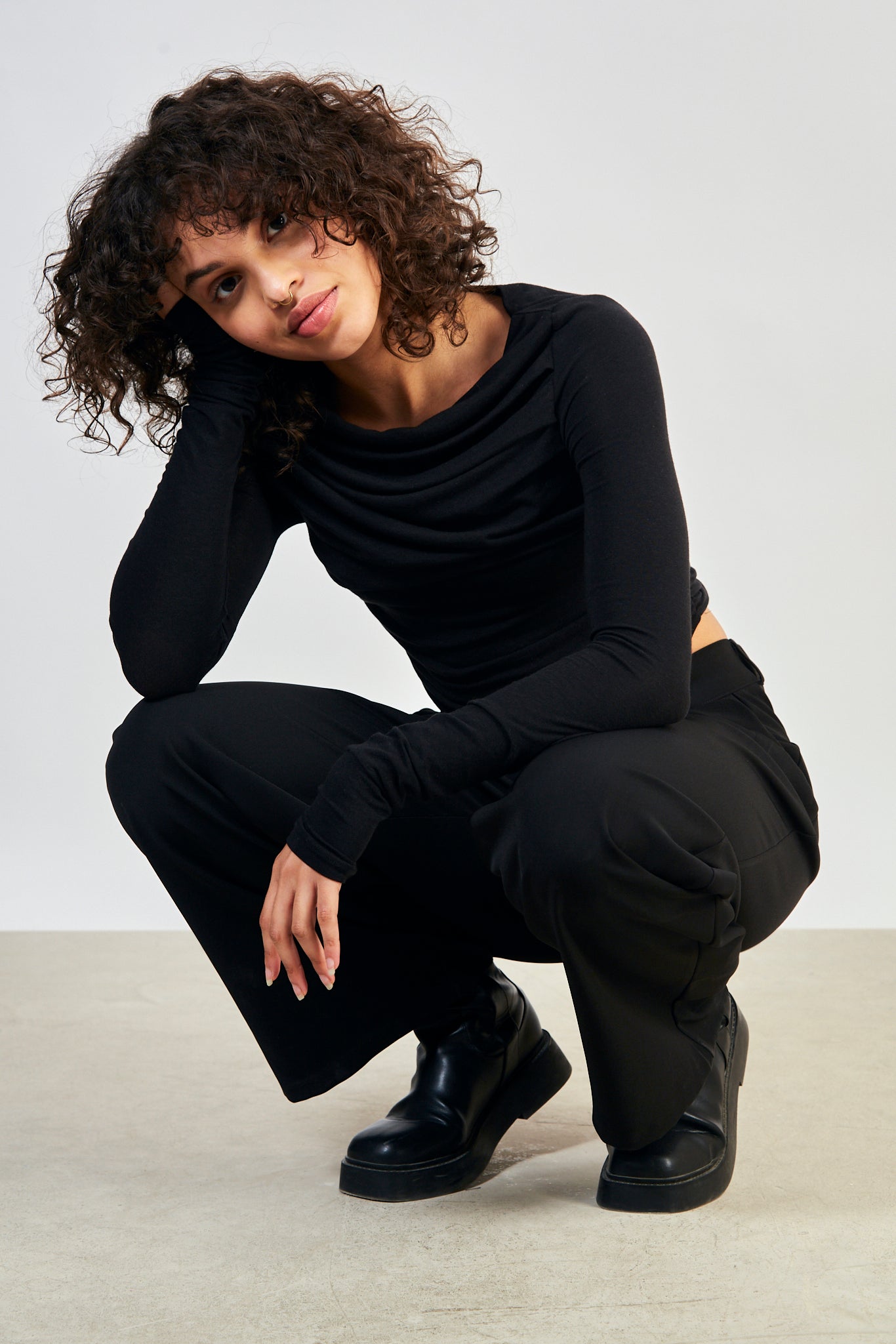 Black draped front jersey top_5