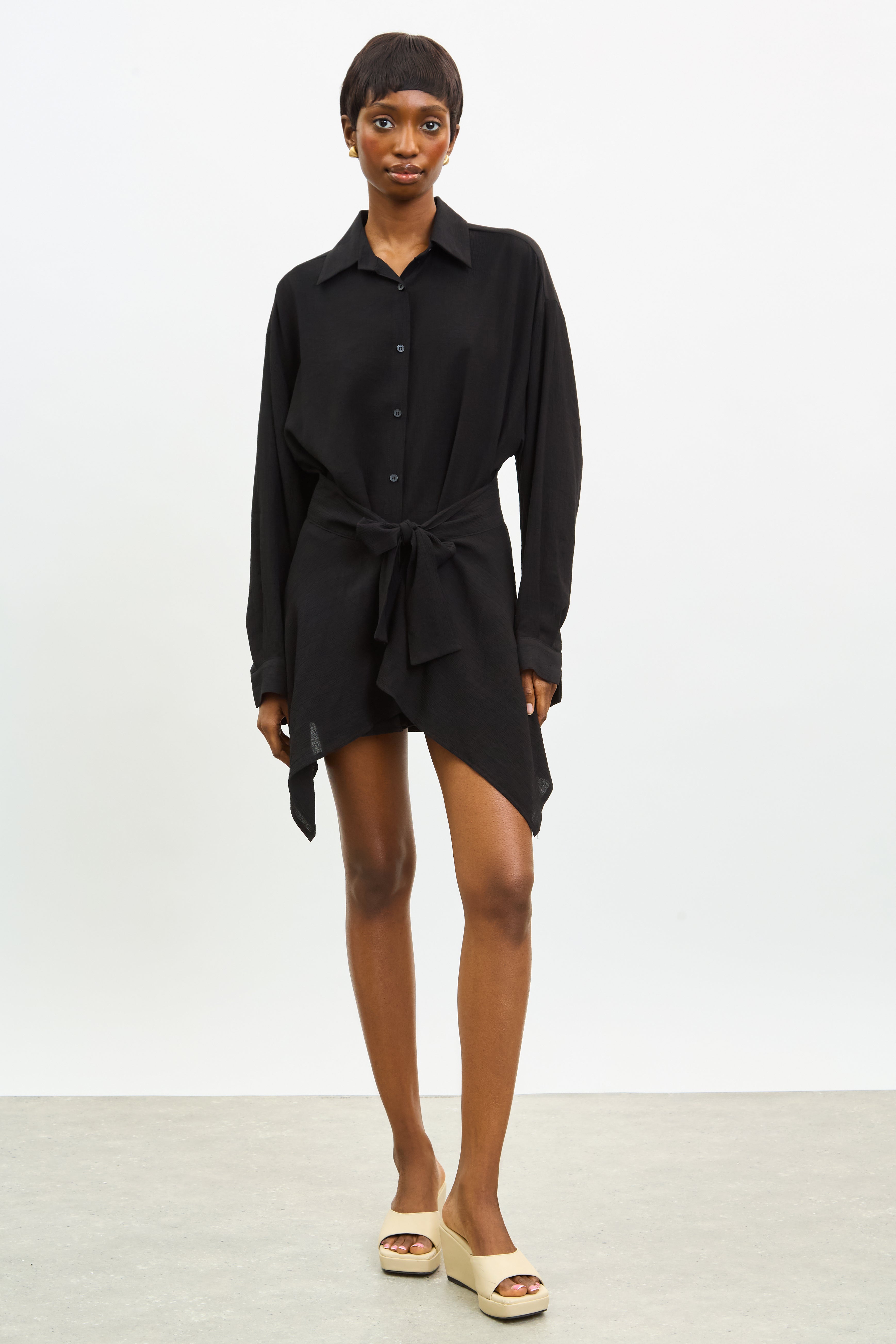 Black draped tie waist shirt dress_1