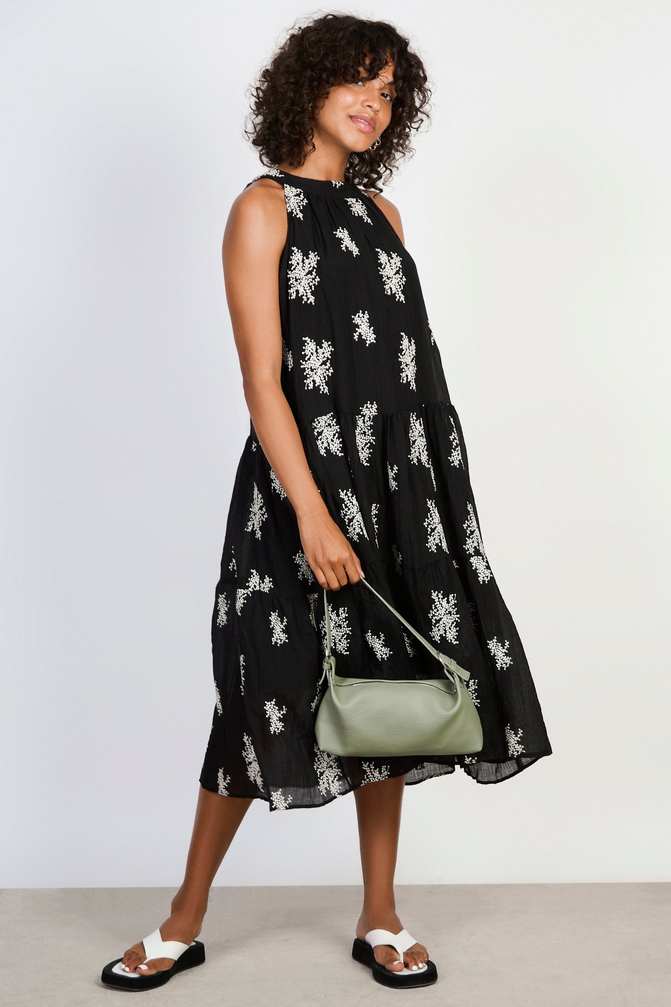 Black embroidered floral tie neck dress_1