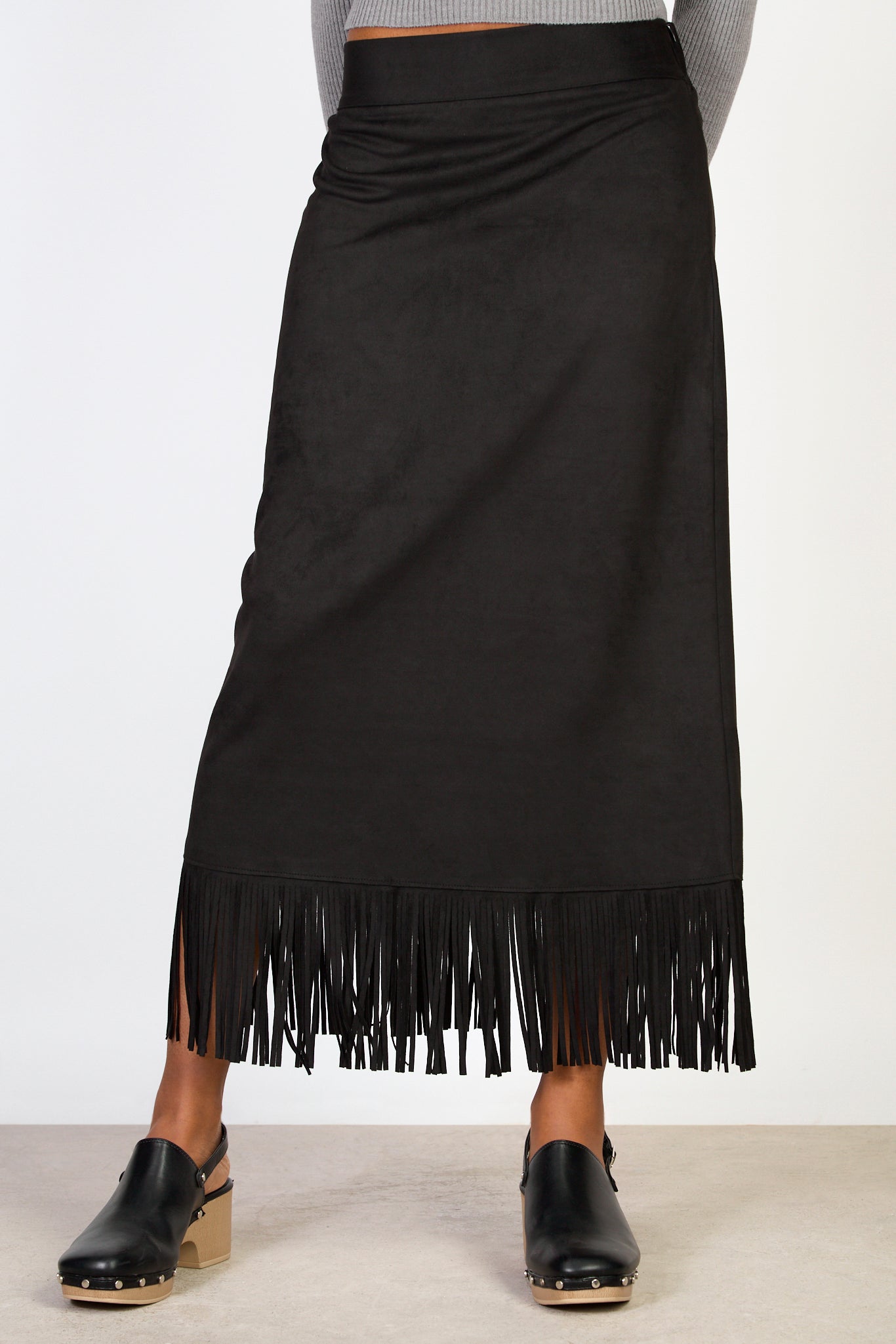 Black fringe hem midi skirt_1