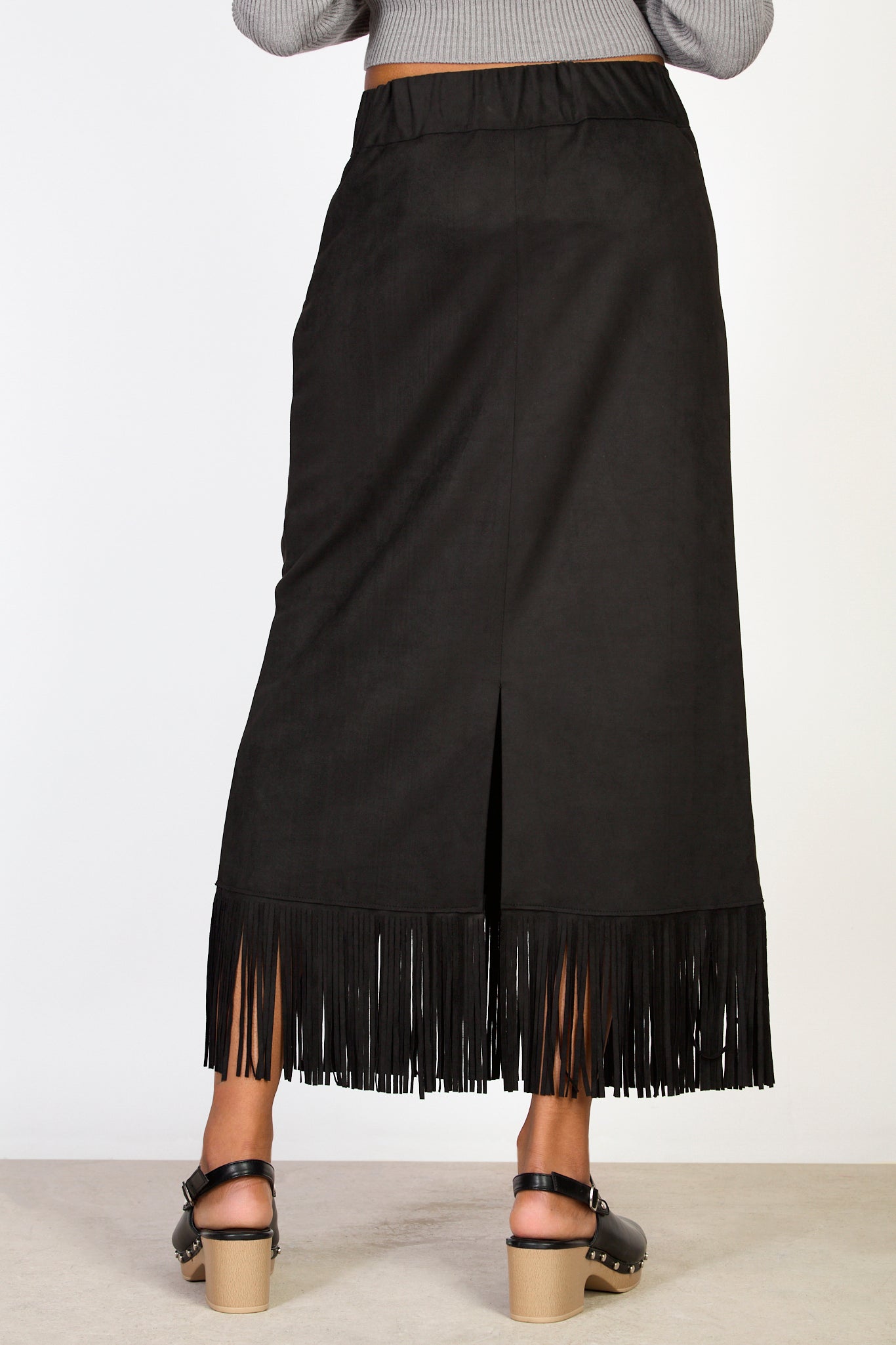 Black fringe hem midi skirt_2