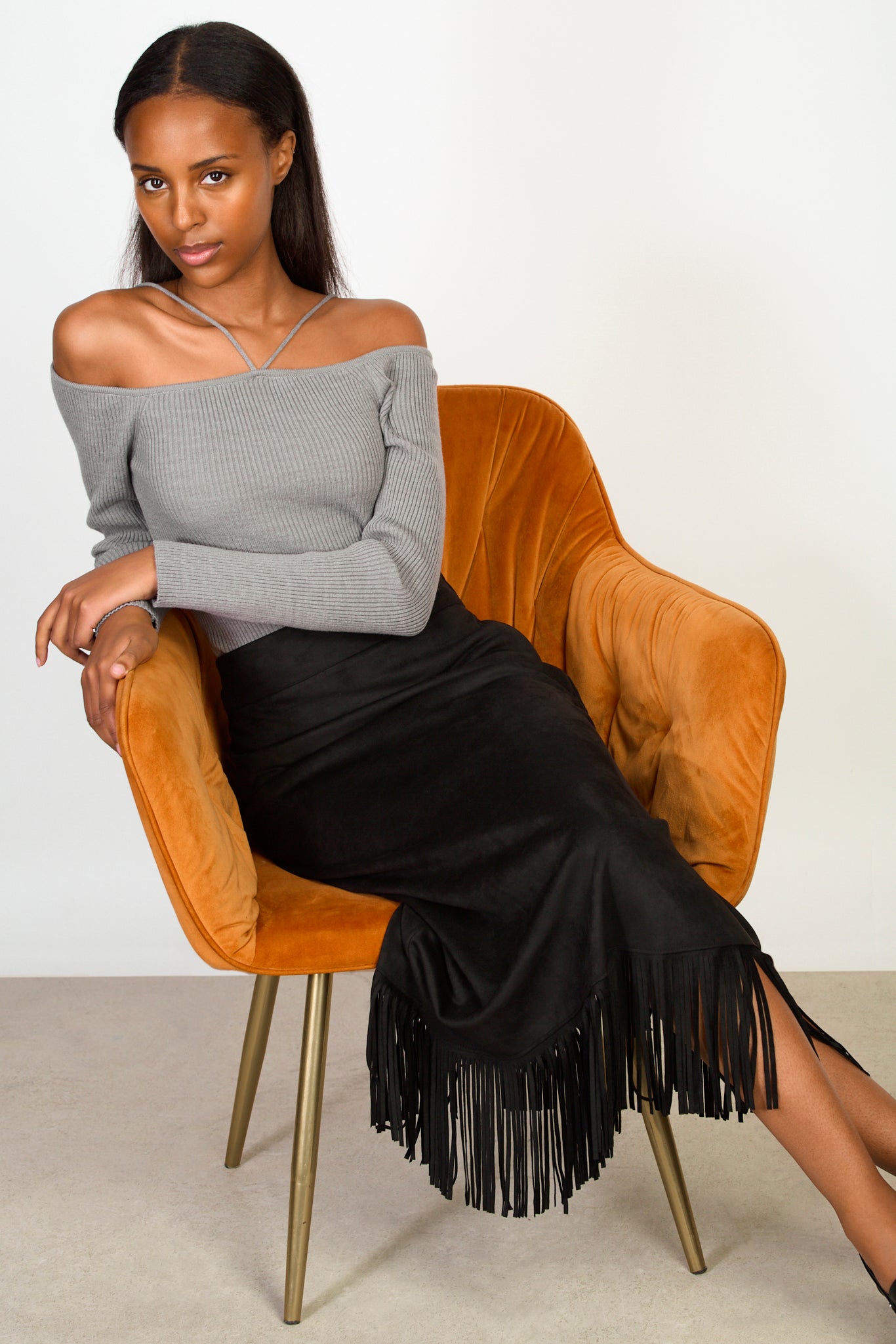Black fringe hem midi skirt_5