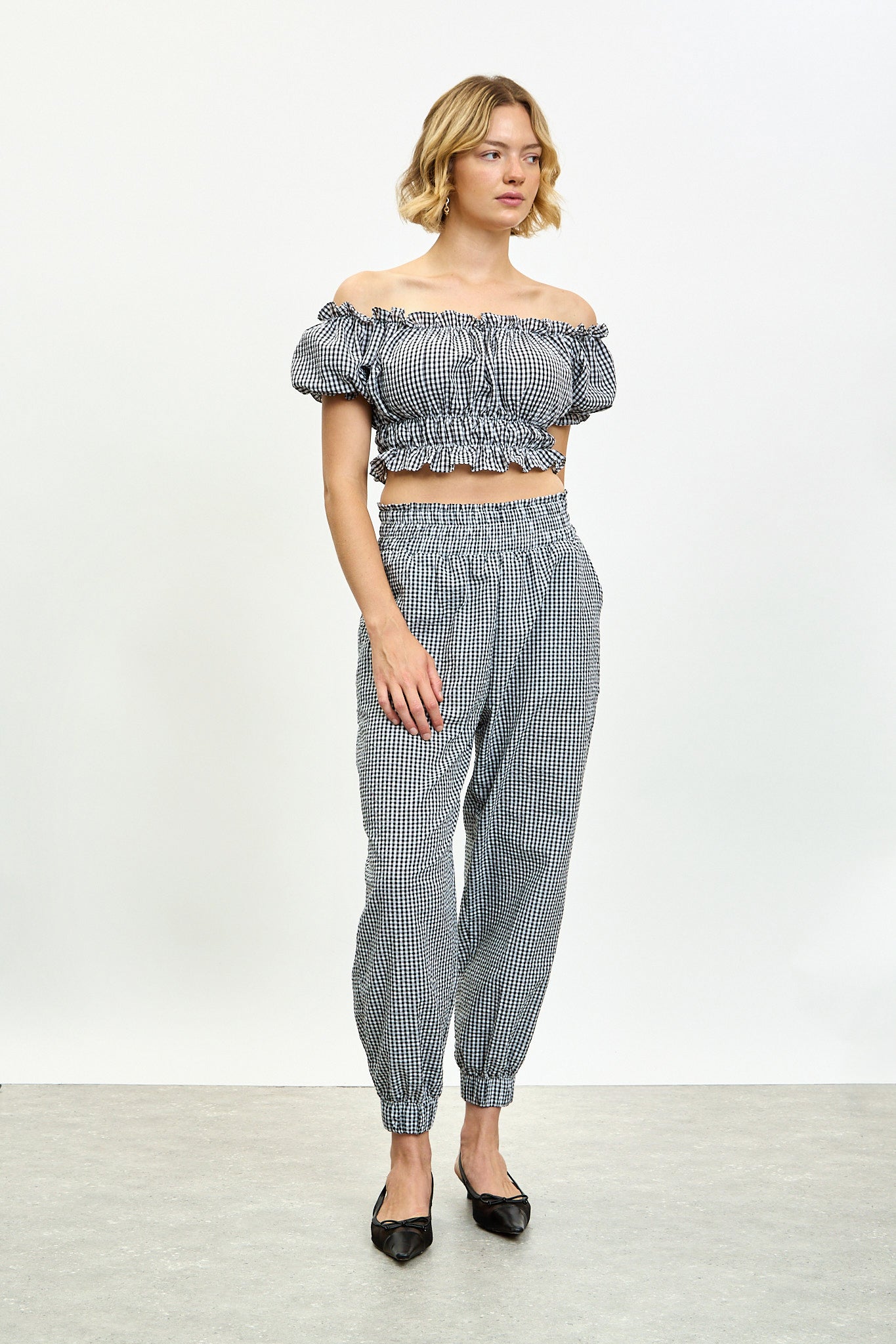 Black gingham ruched off shoulder top_3