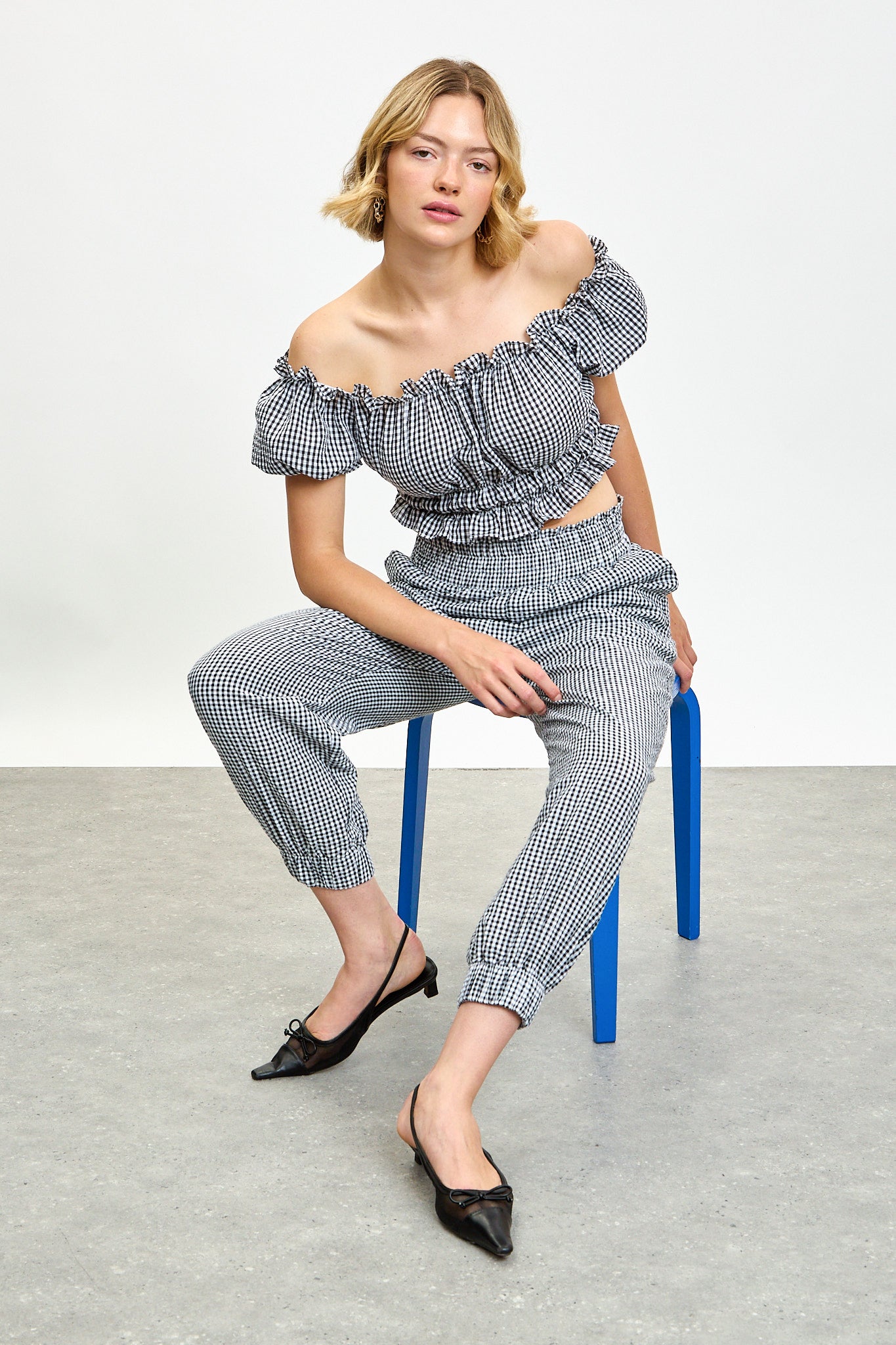 Black gingham ruched off shoulder top_4