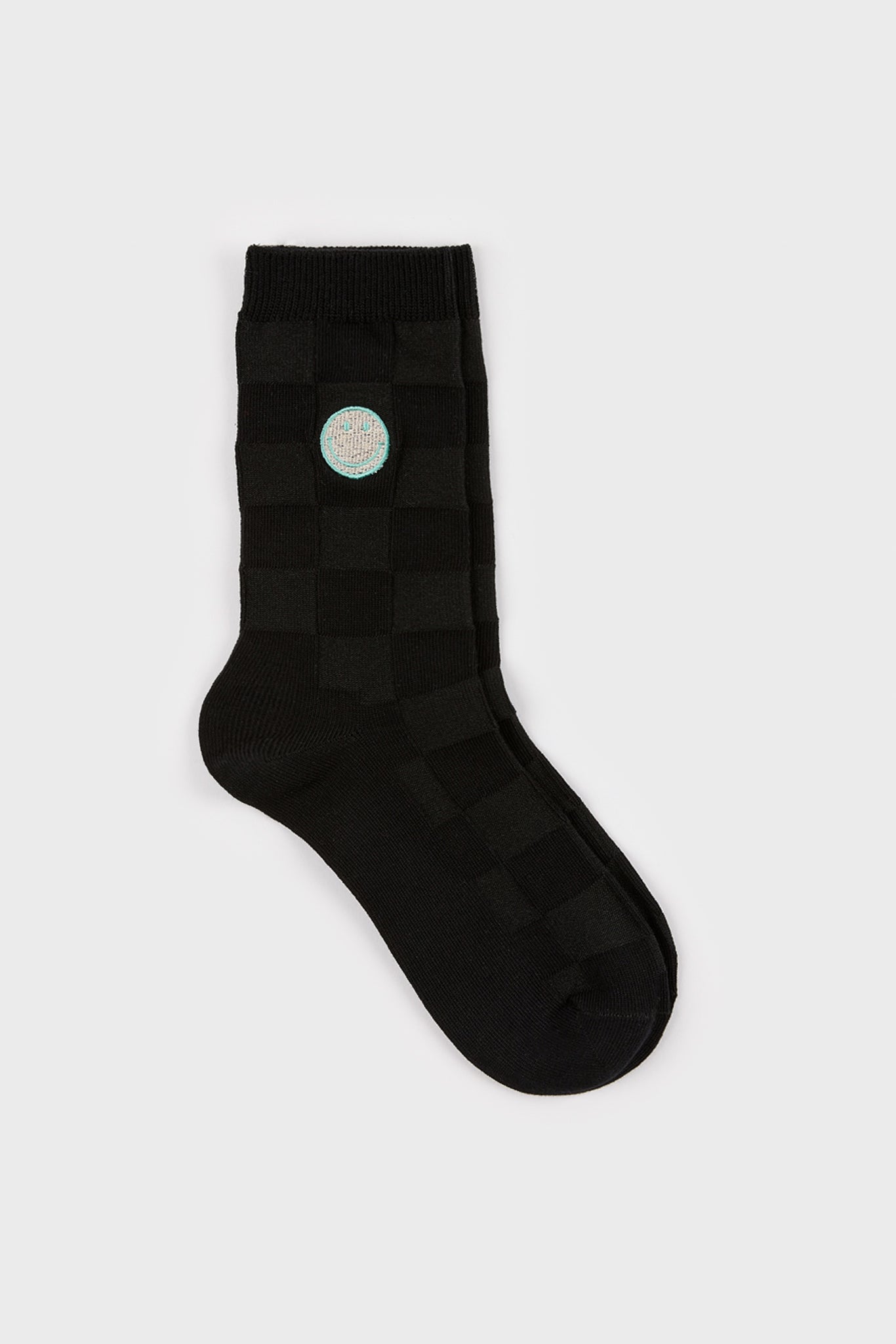 Black intarsia block embroidered smiley face socks_2