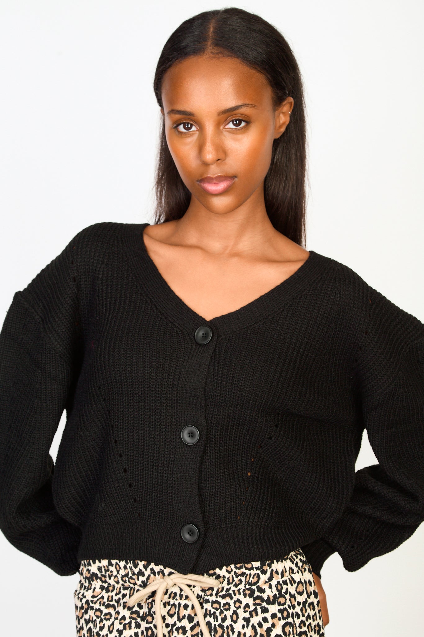 Black knit dot detail button front cardigan_1