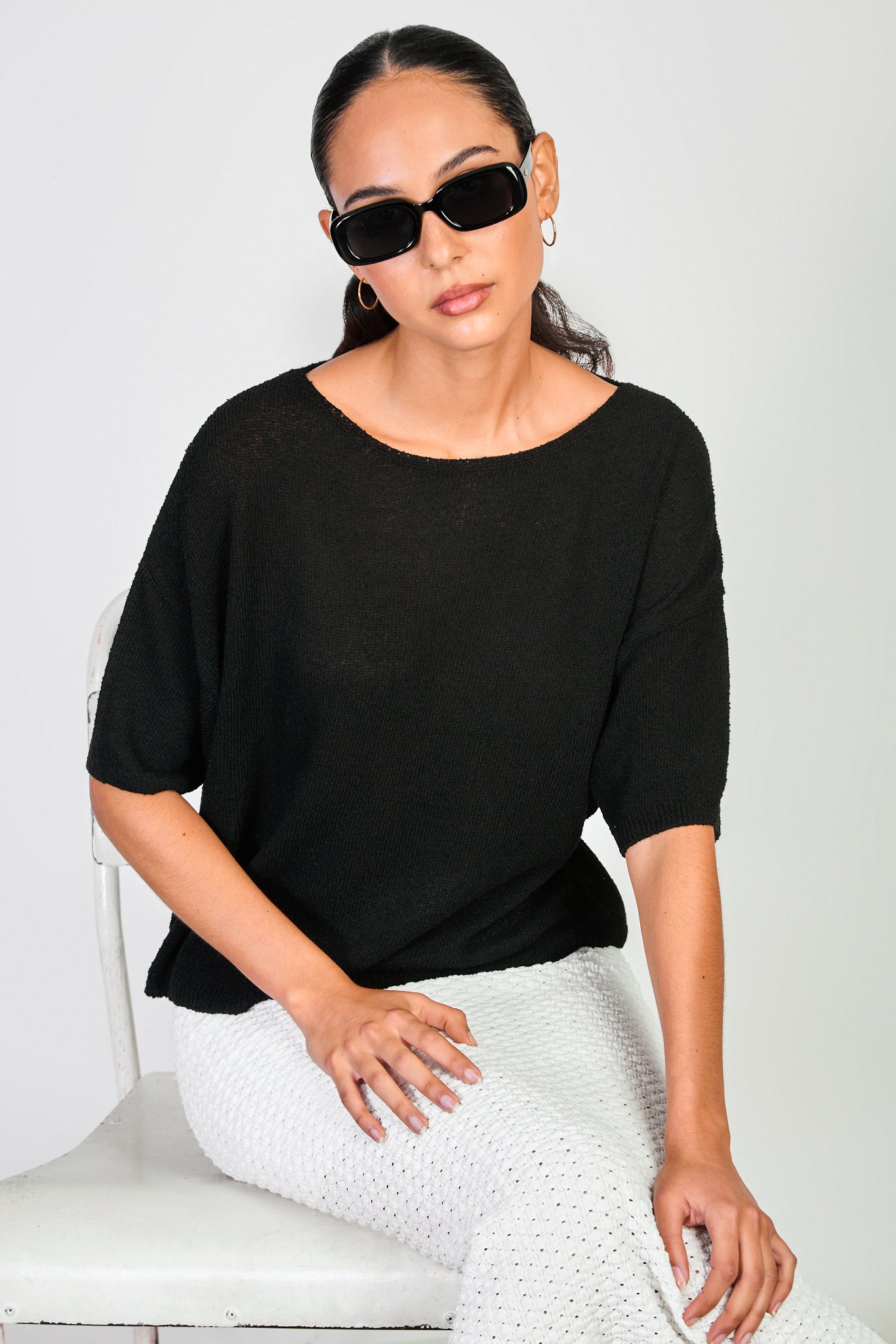 Black linen blend wide neck knit tee_5