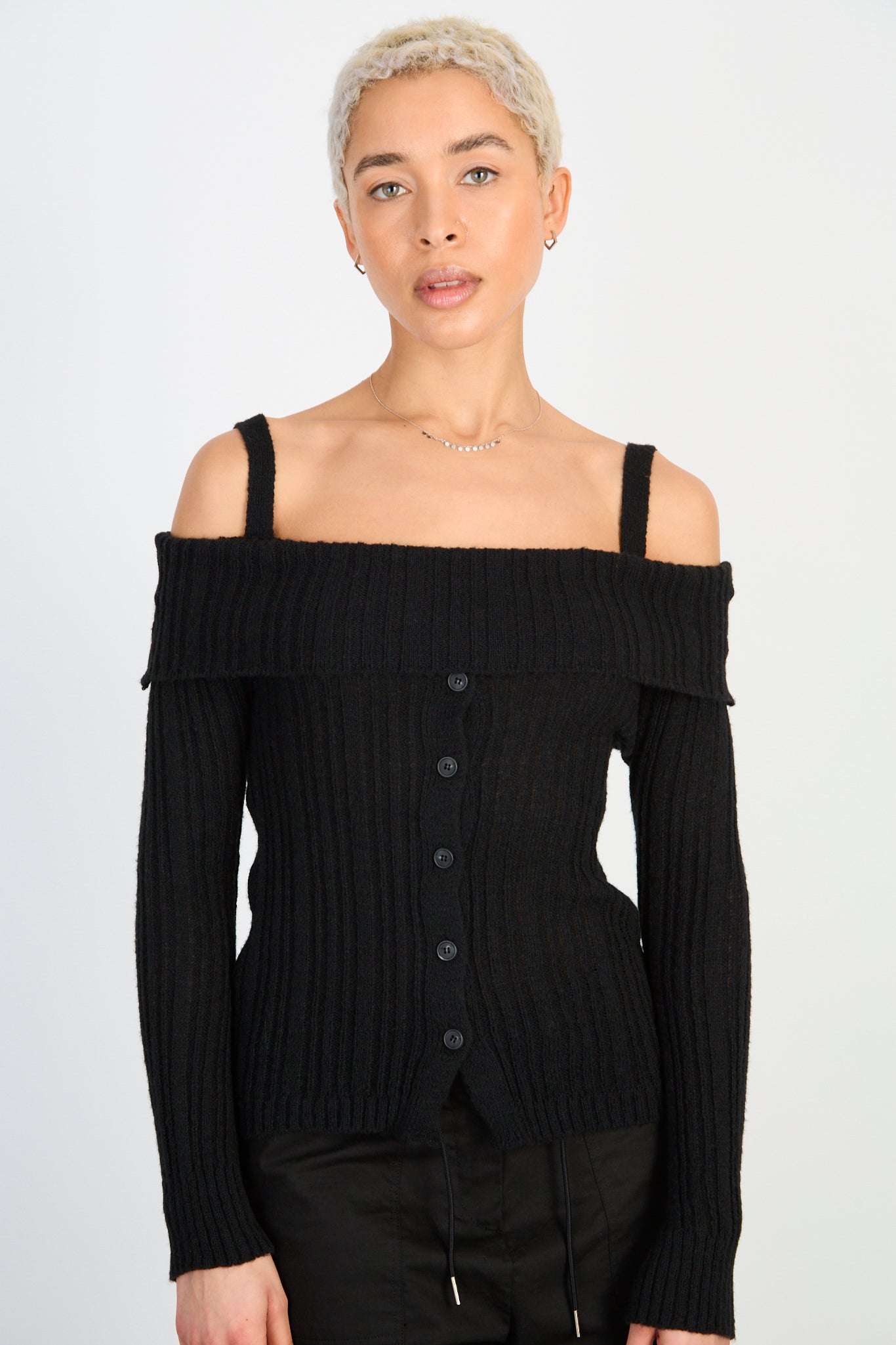 Black mix rib strapped off shoulder knit top_1