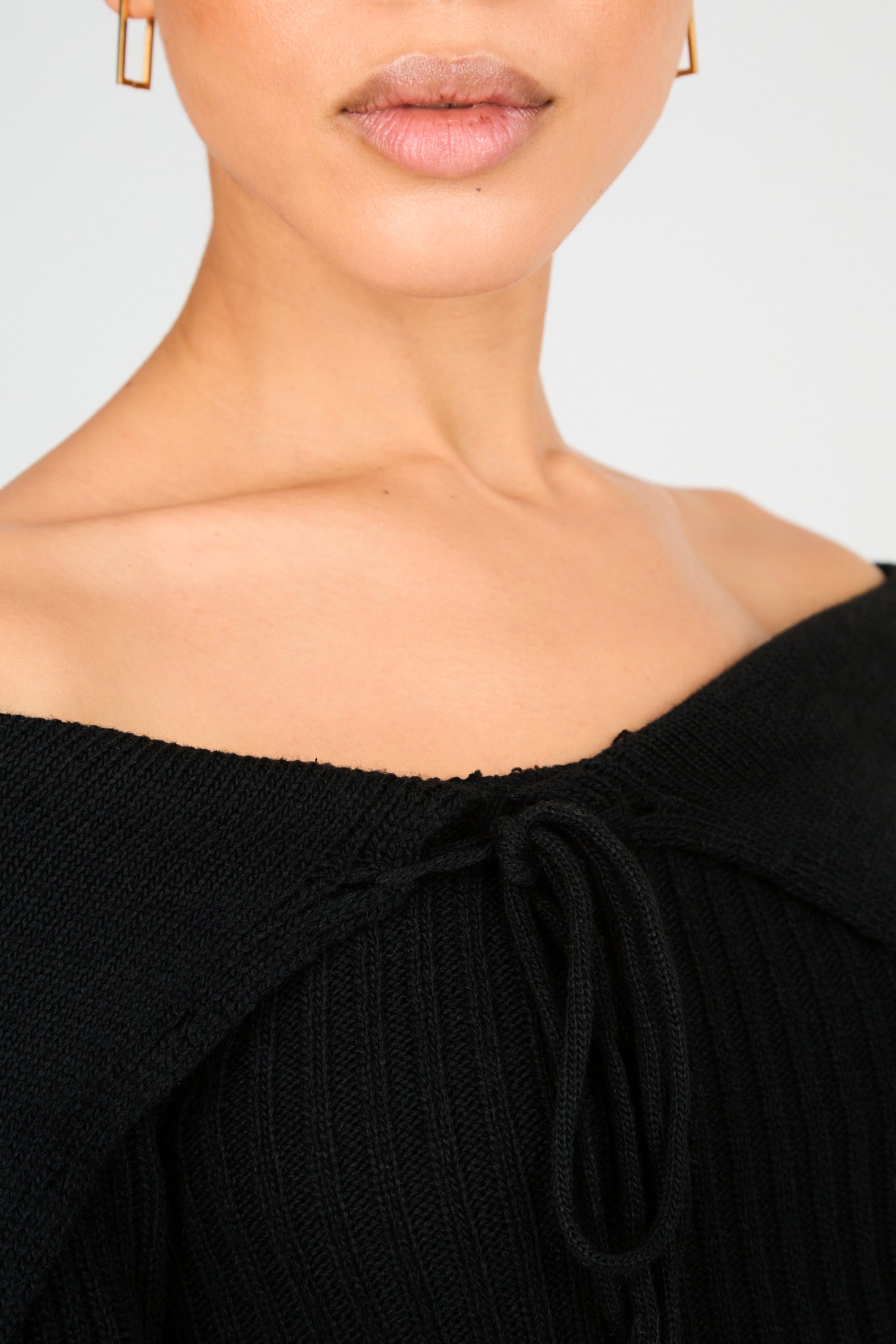 Black off shoulder lace up detail knit top_3