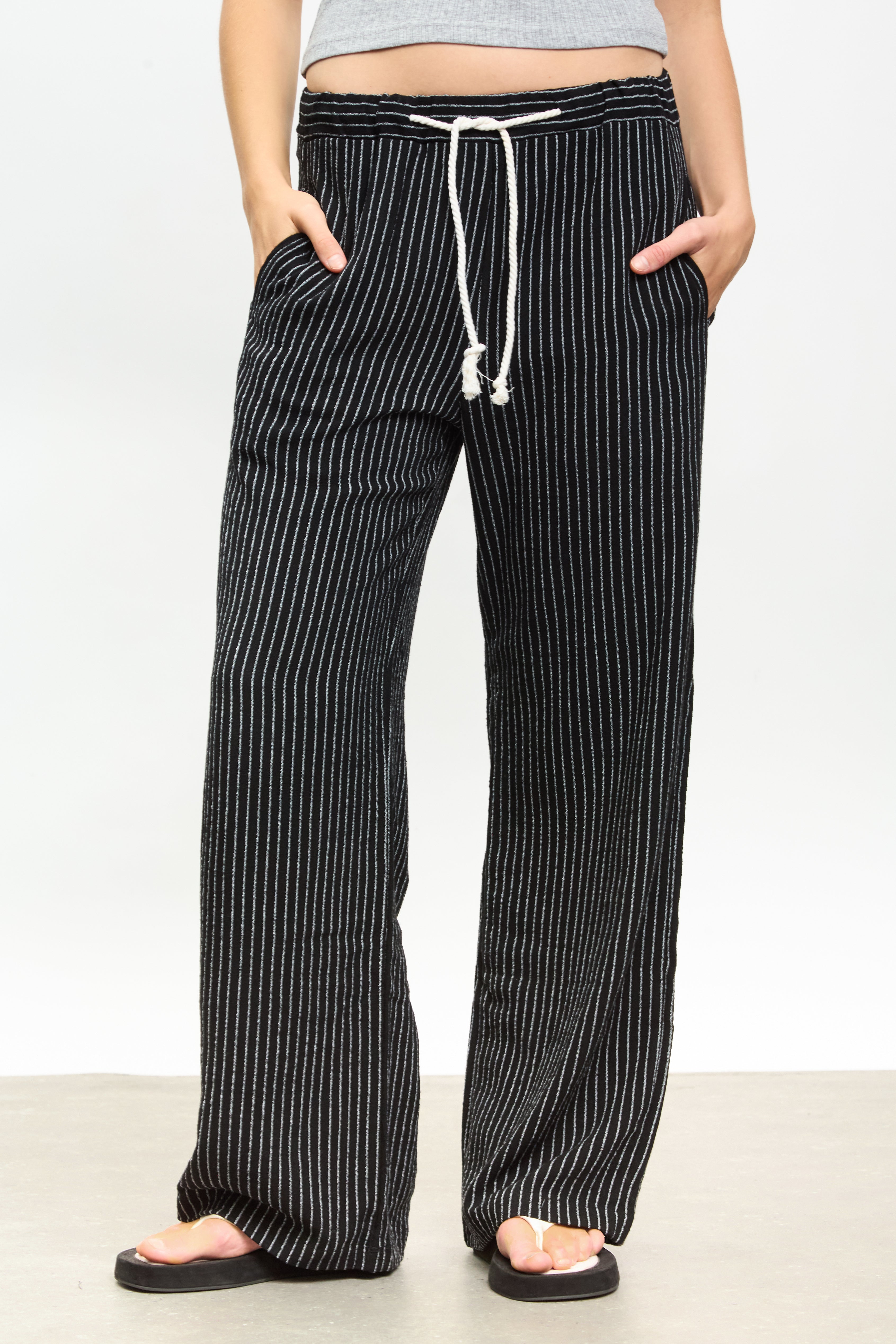 Black pinstripe rope drawstring trousers_1