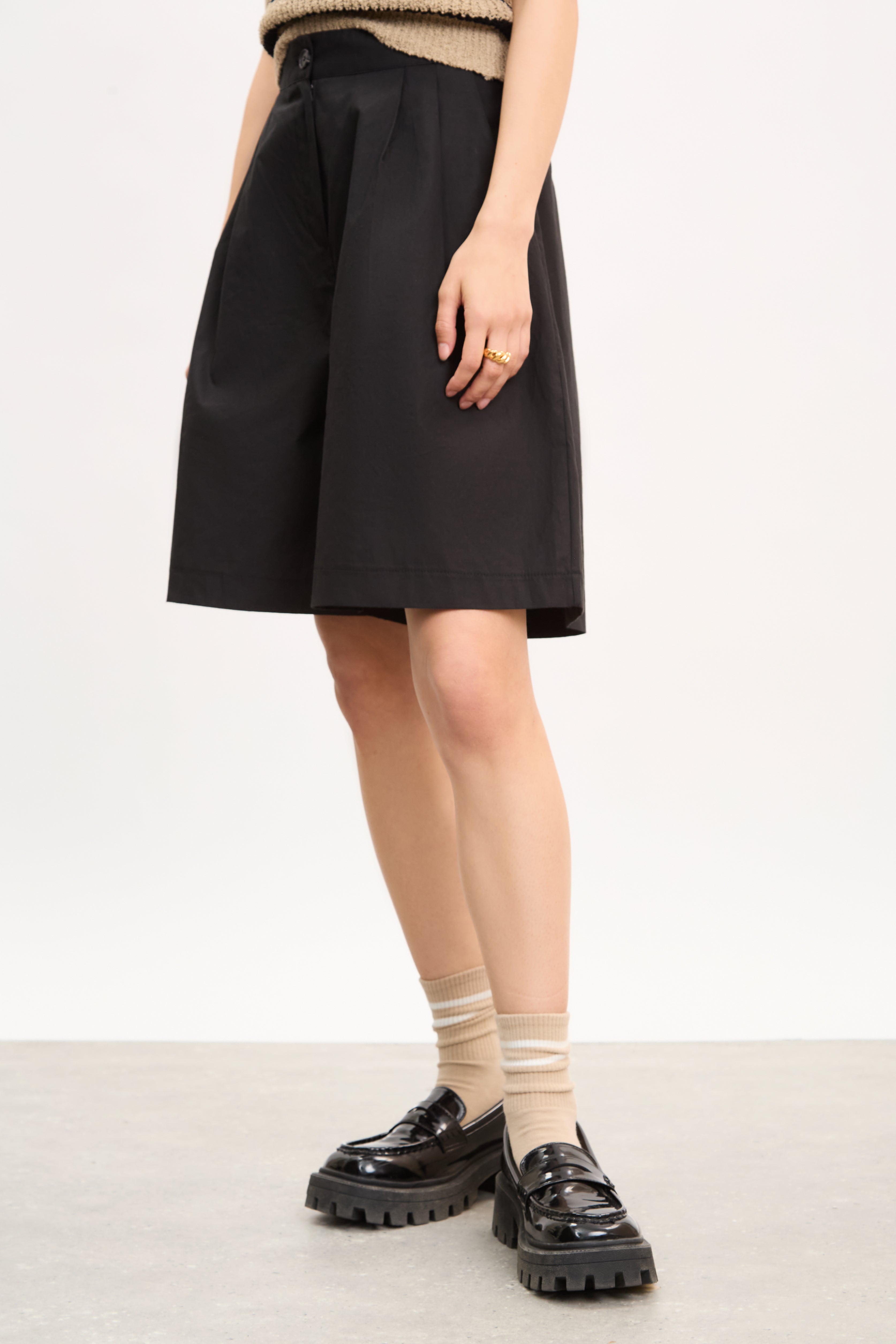 Black pure cotton vegan leather banded shorts_1