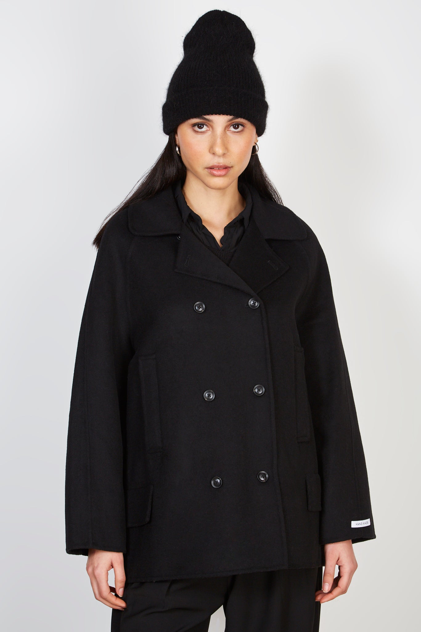 Black pure double breasted wool short coat_1