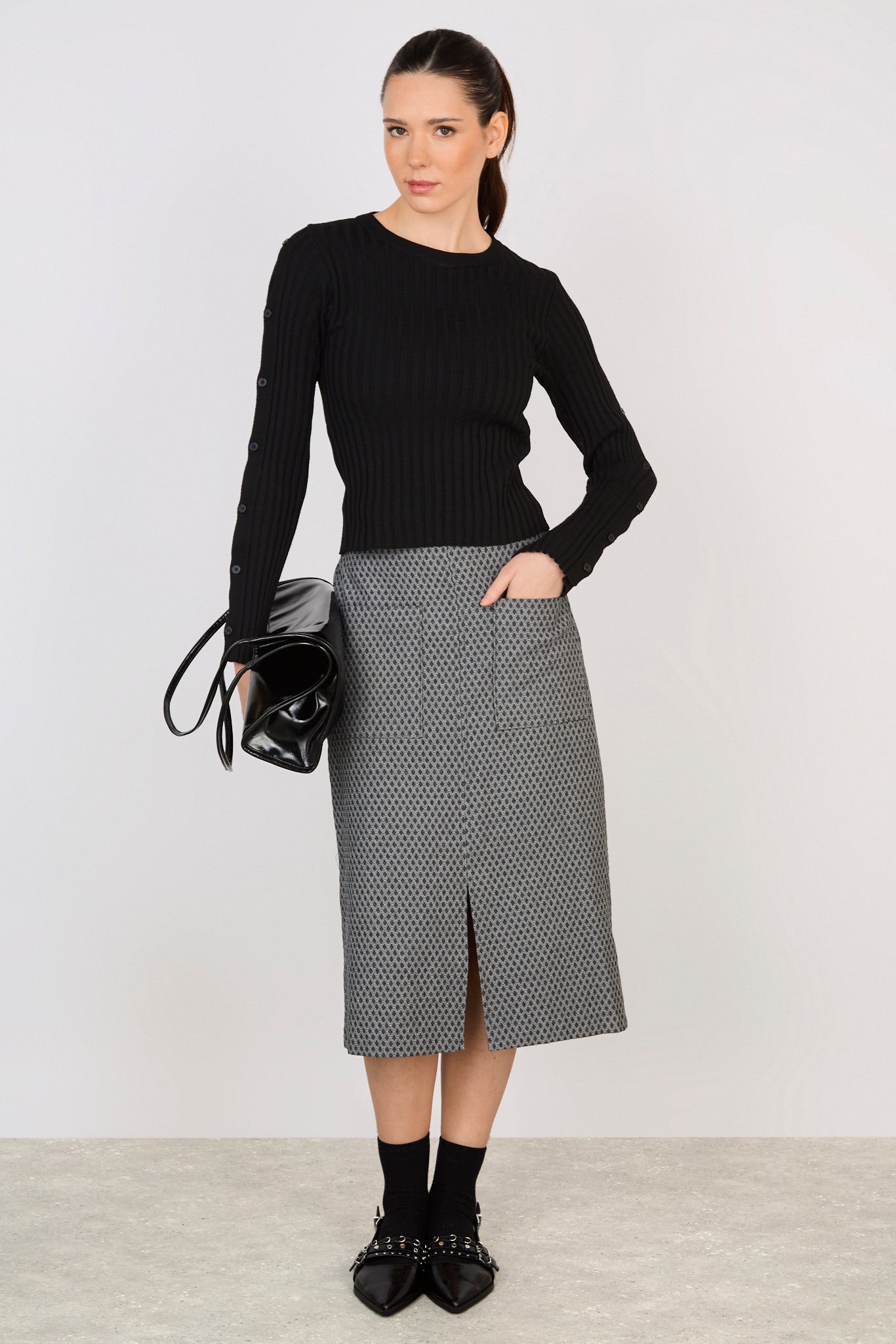 Black ribbed button sleeved knit top_4