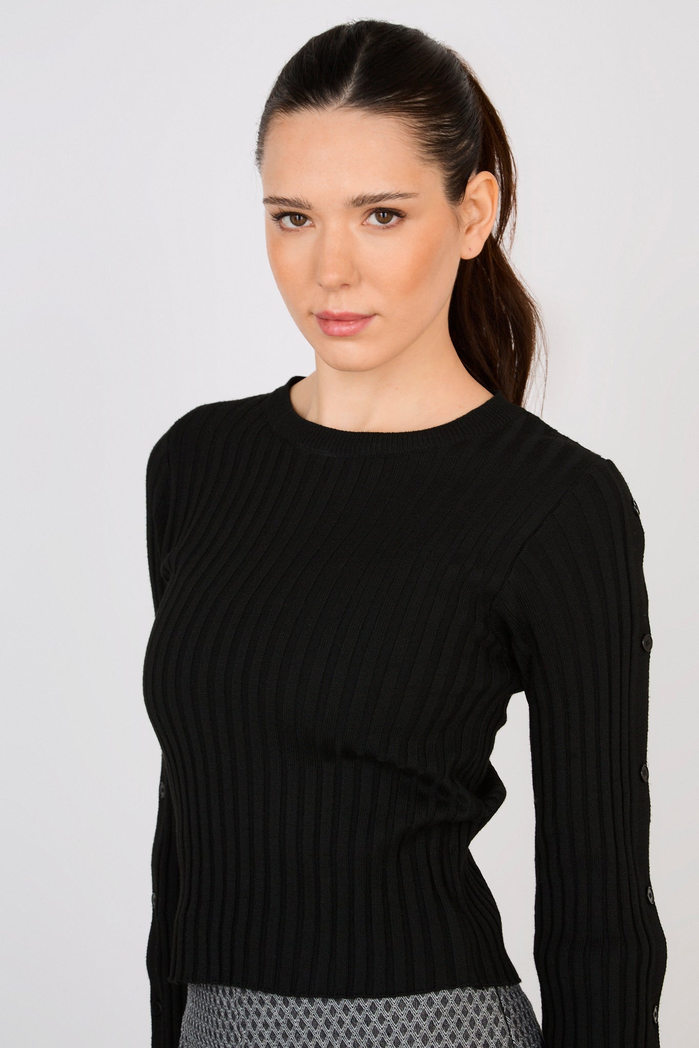 Black ribbed button sleeved knit top_1
