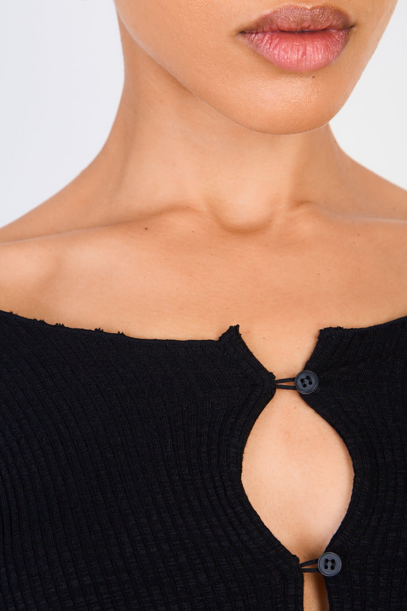 Black ribbed truffle trim button front top_3