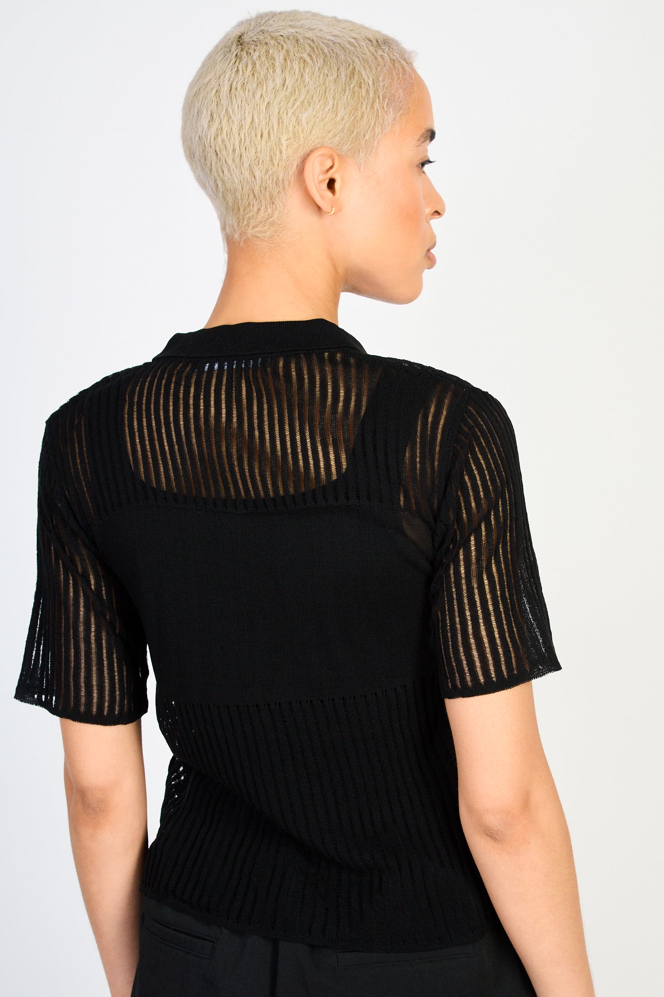 Black semi sheer block stripe knit tee_2