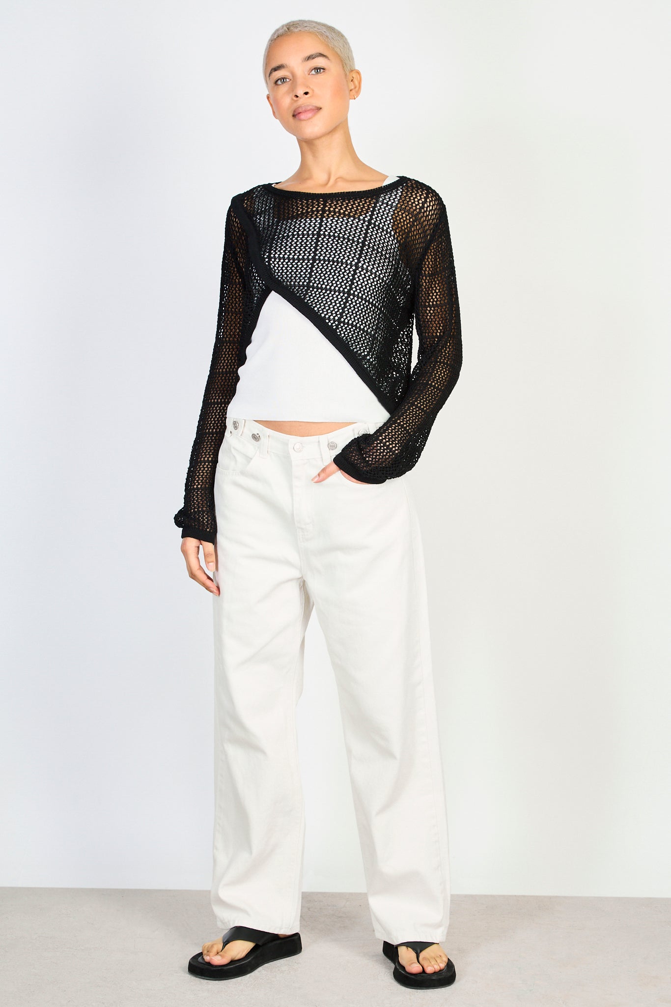 Black sheer knit asymmetric hem jumper_4