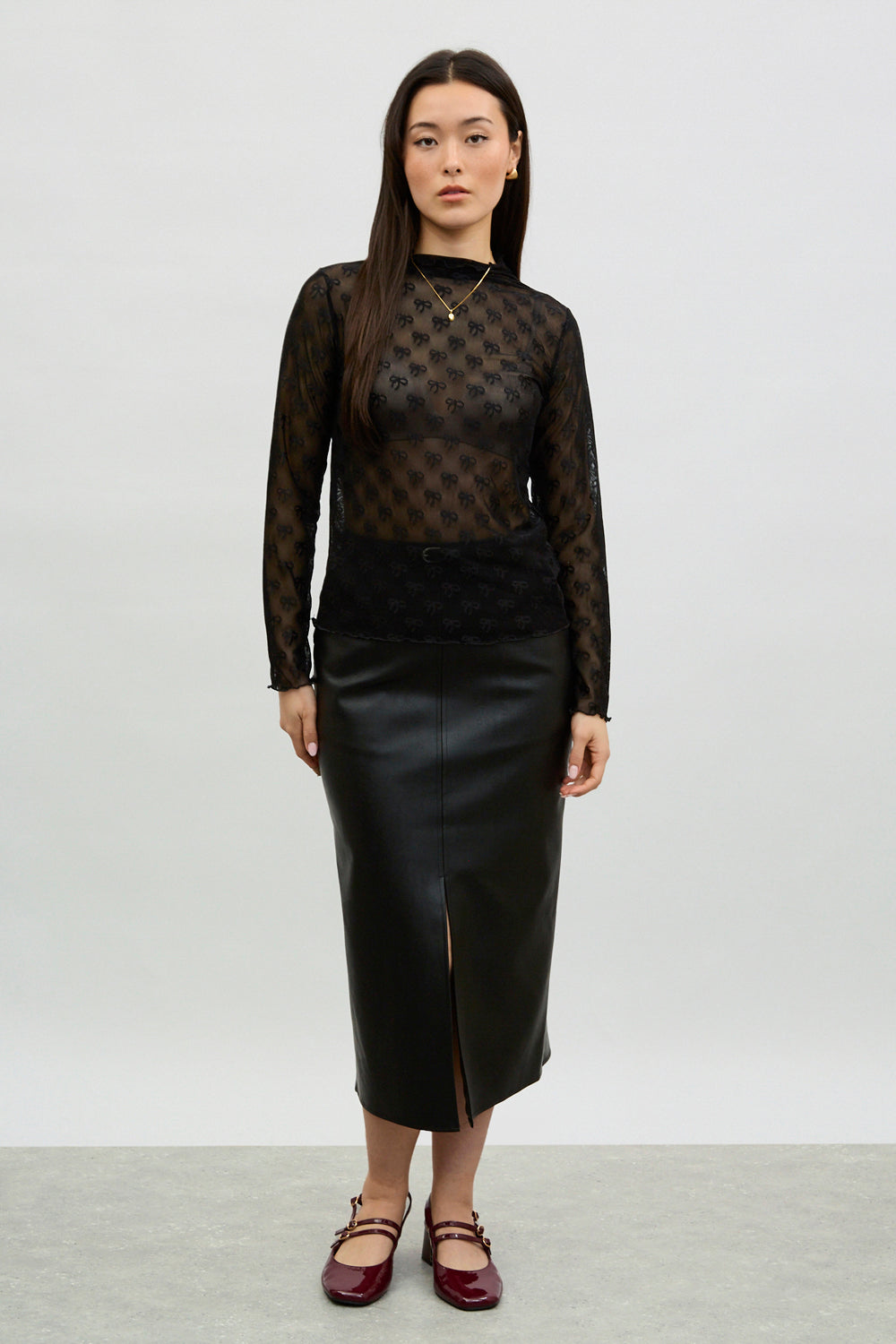 Black sheer ribbon motif long sleeve top_4