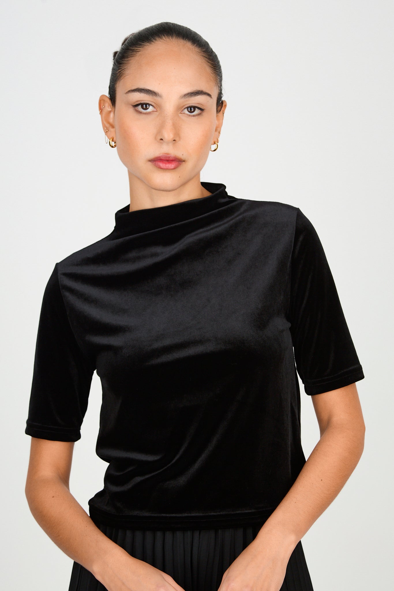 Black short sleeved velvet mock neck top_1