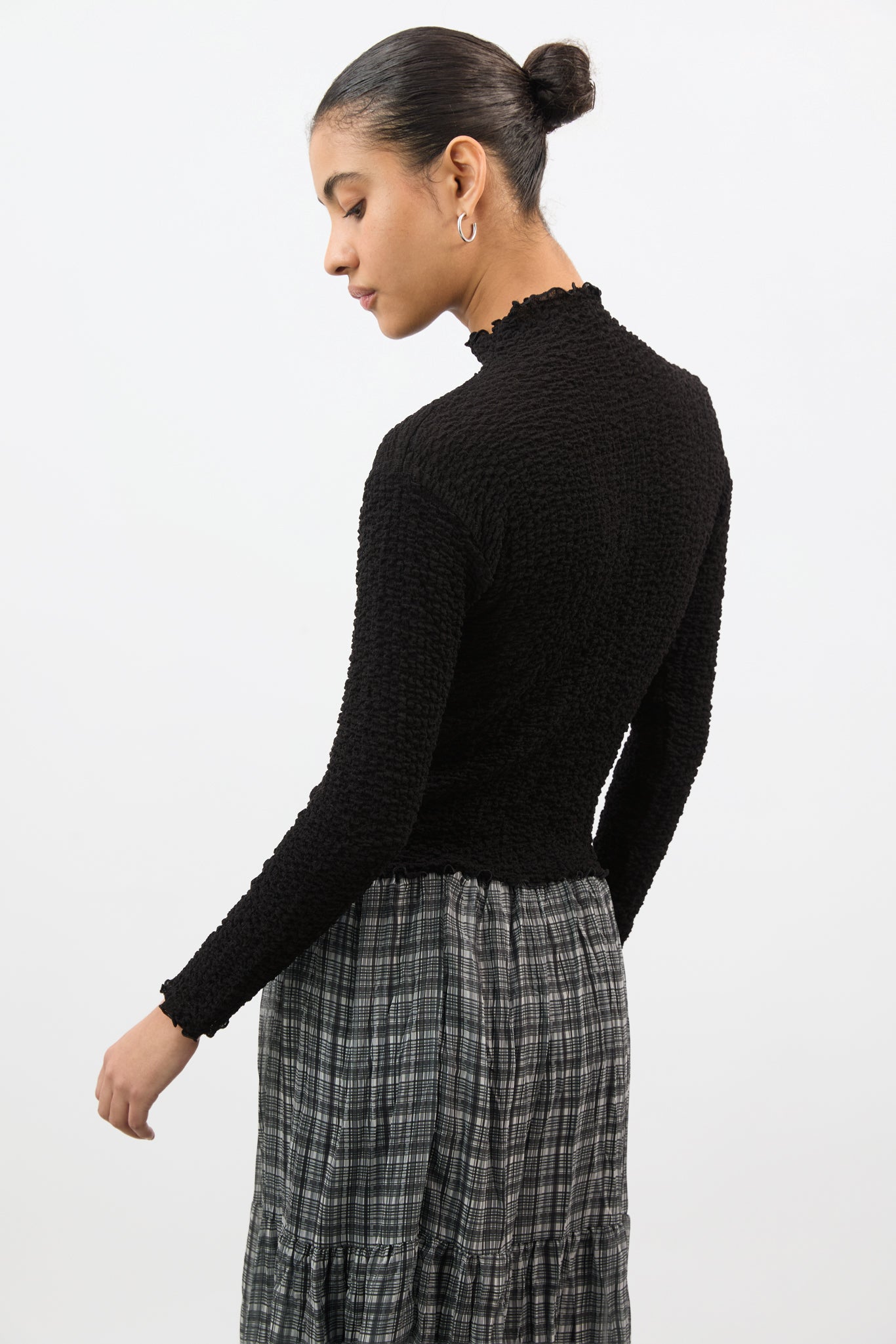 Black textured long sleeve mock neck top_2