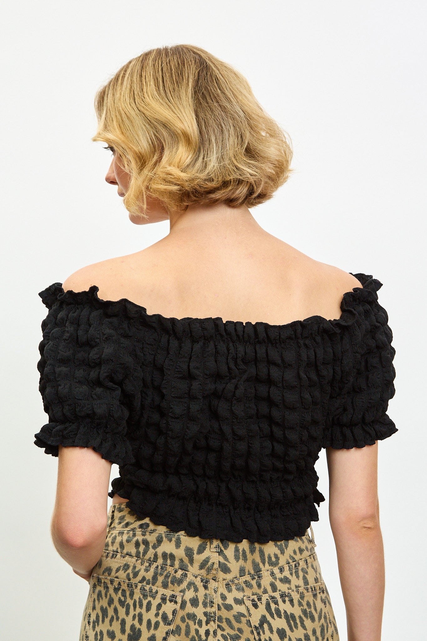 Black textured puff off shoulder top_2