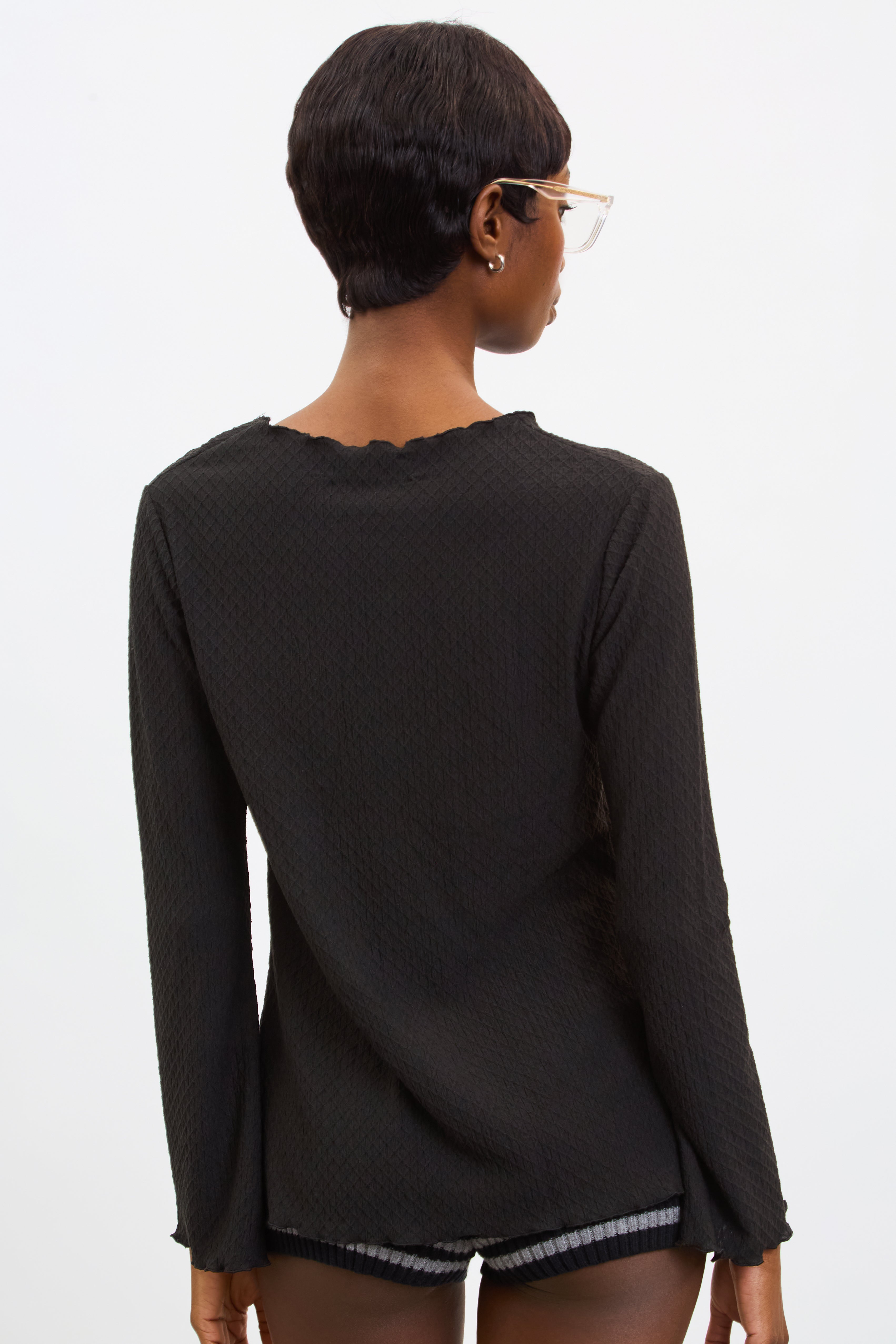 Black textured round neck button front top_2